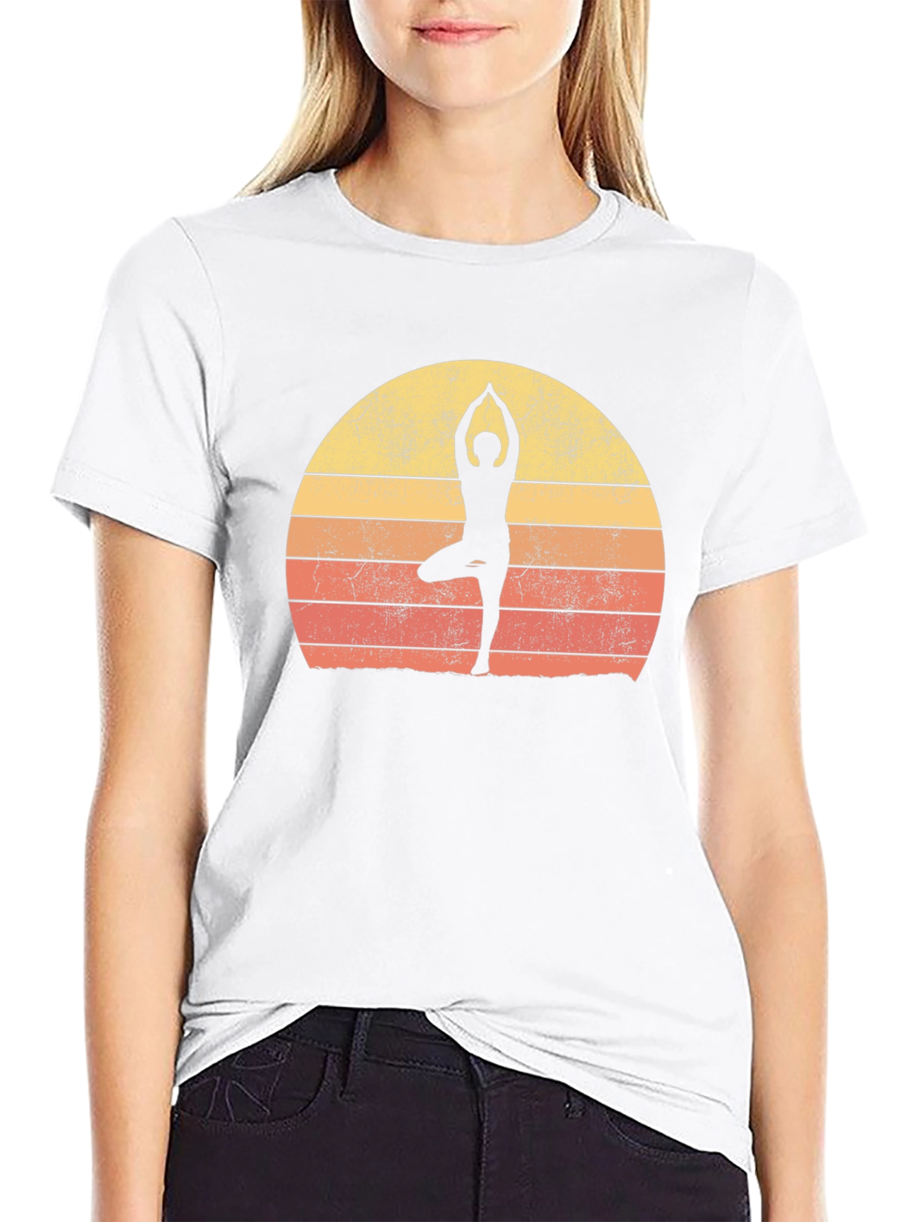 Black Yoga Silhouette Retro Sunset Graphic T-Shirt view 9