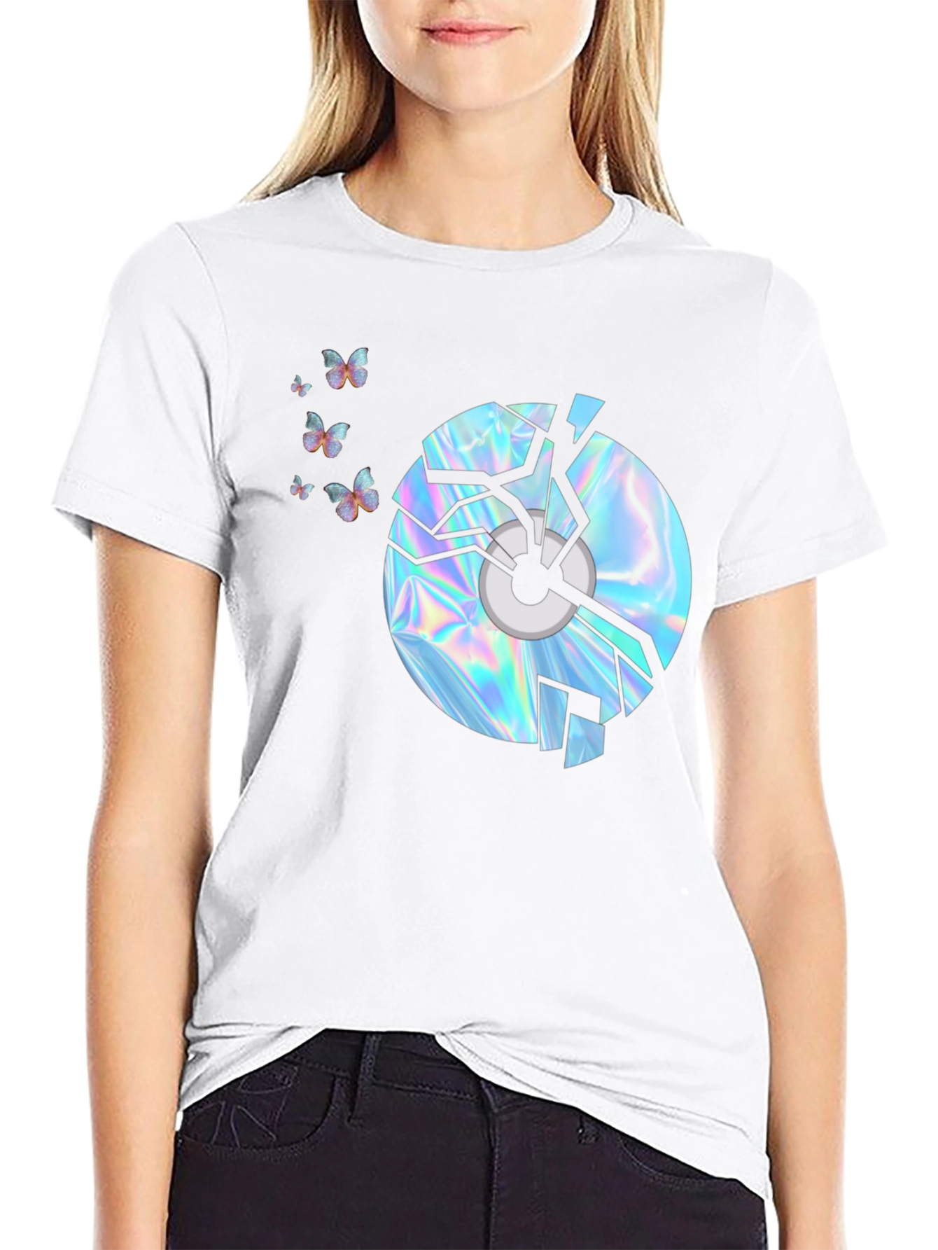 Black Broken CD Graphic Tee - Holographic Butterflies Design view 9