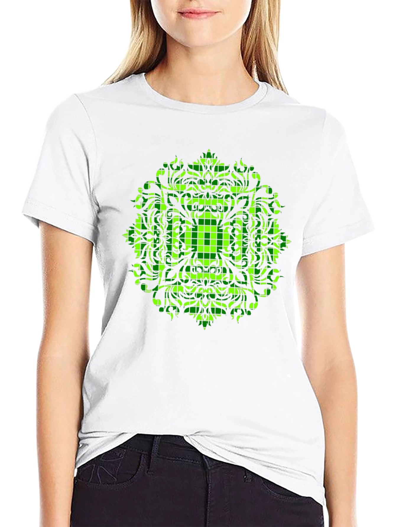 Black Geometric Green Mandala Graphic Black T-Shirt view 9
