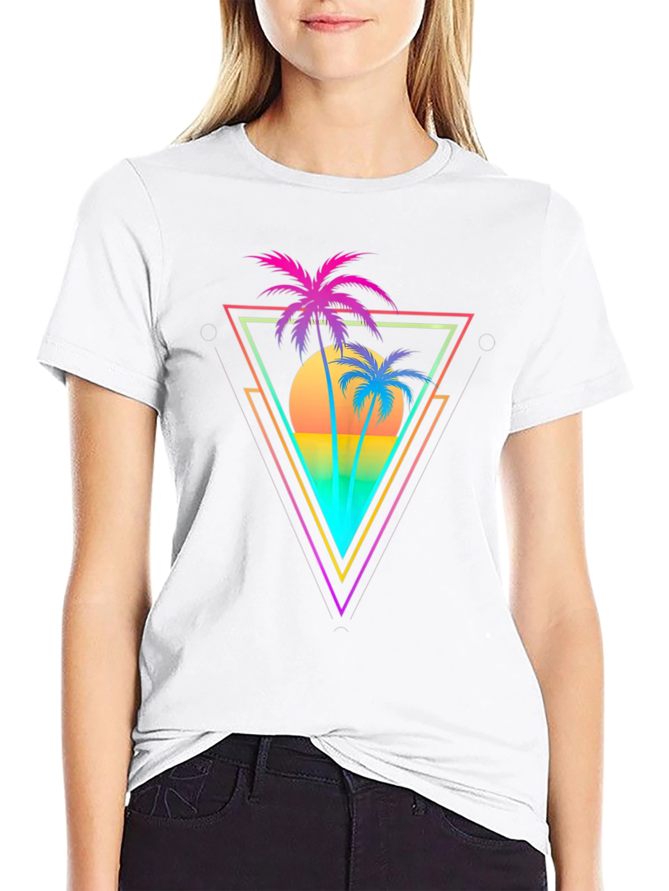 Black Retro Palm Tree Triangle Graphic T-Shirt view 9