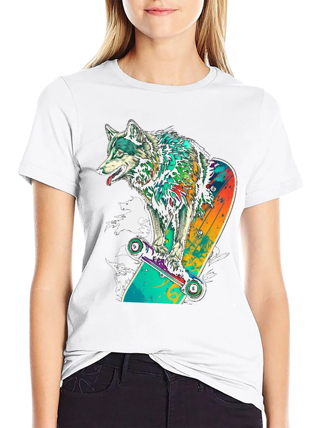 Black Wolf Skateboard Graphic T-Shirt - Cool Animal Tee view 9