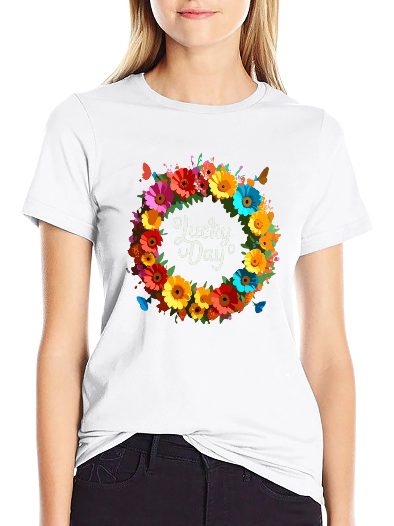 Black Lucky Day Floral Wreath Graphic Tee view 9