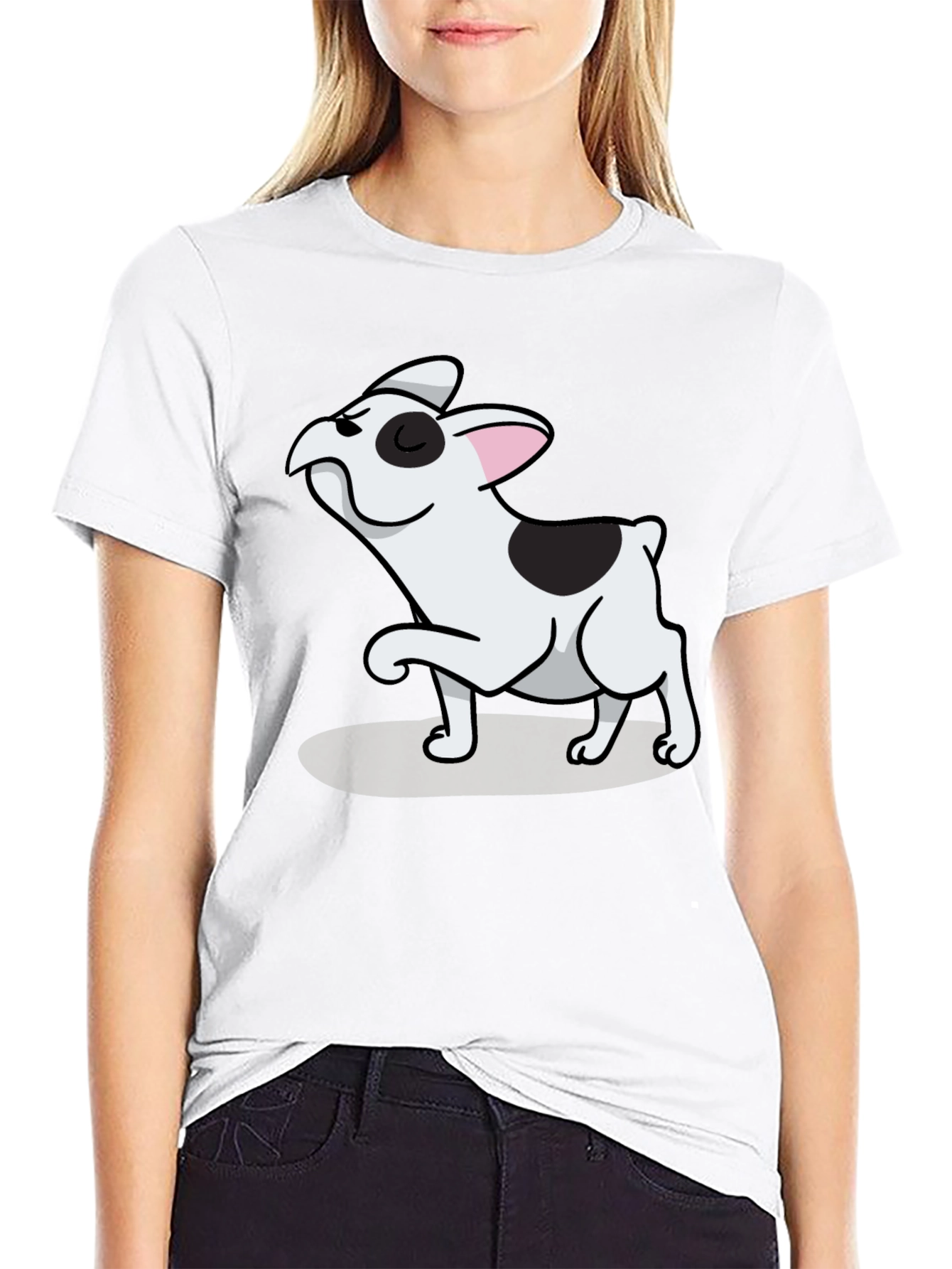 Black Black Tee with Cute Cartoon French Bulldog Design view 9