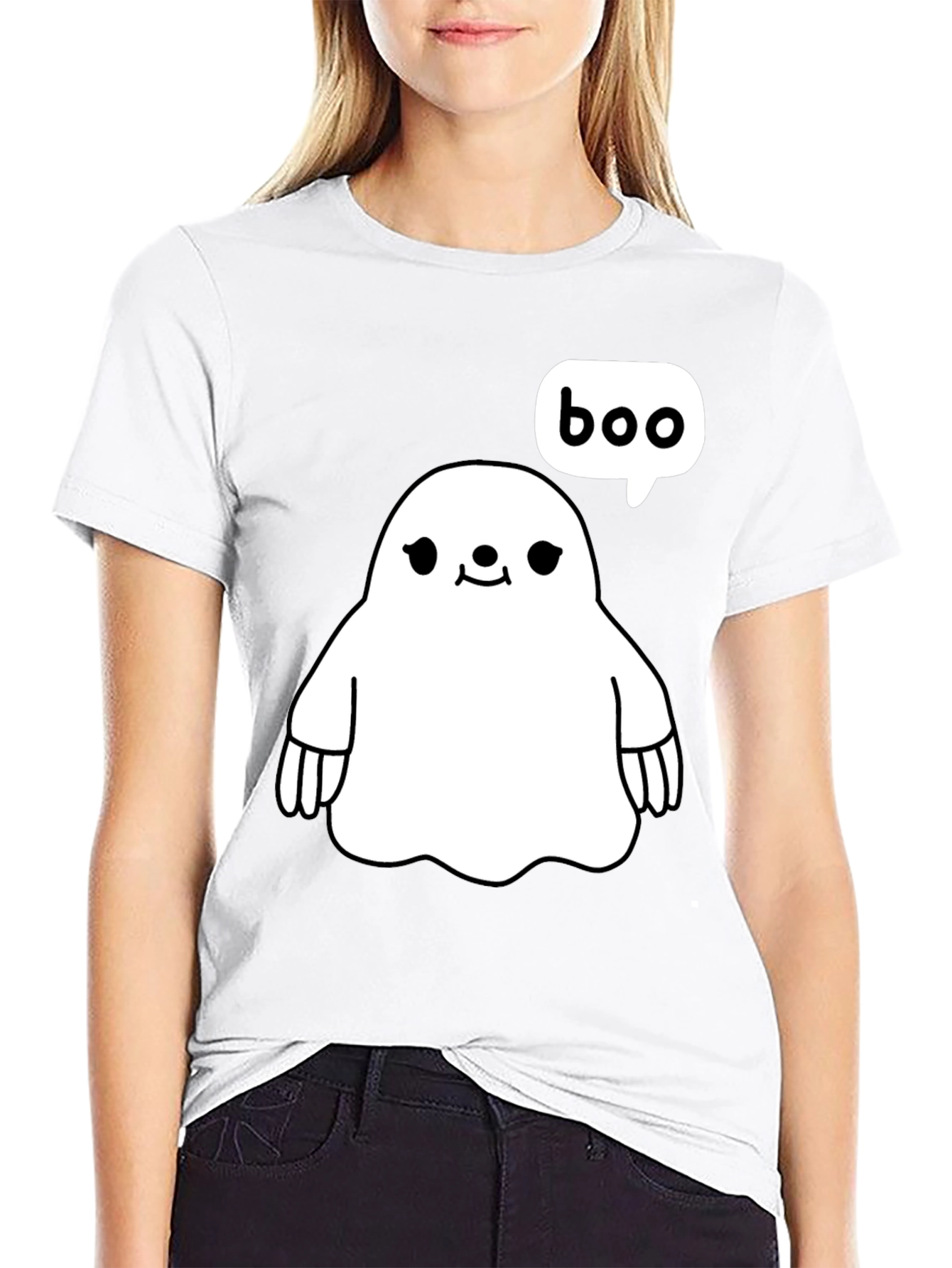 Black Cute Ghost Boo Halloween Black T-Shirt view 9