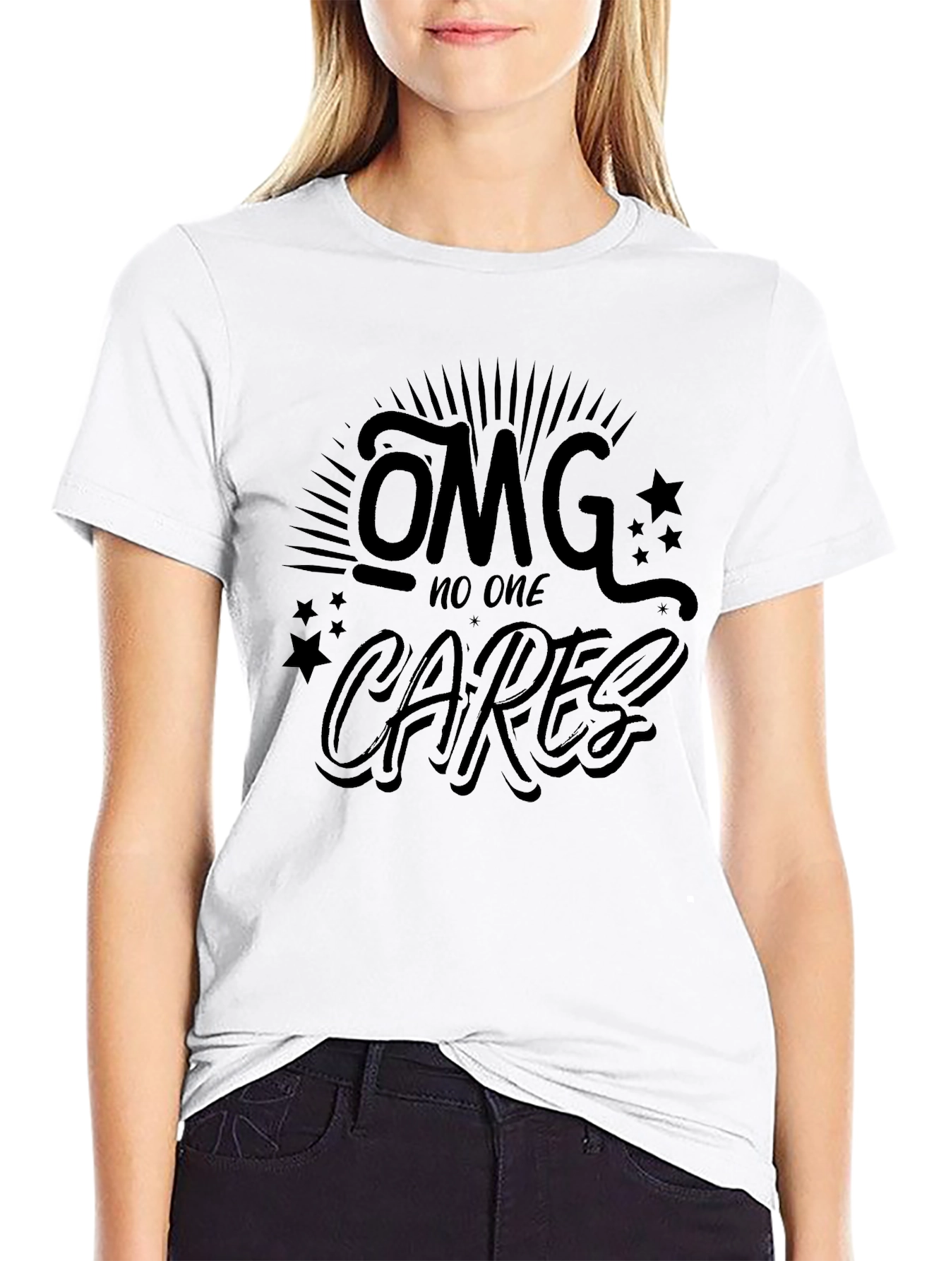 Black OMG No One Cares Black Graphic Tee - Unisex view 9