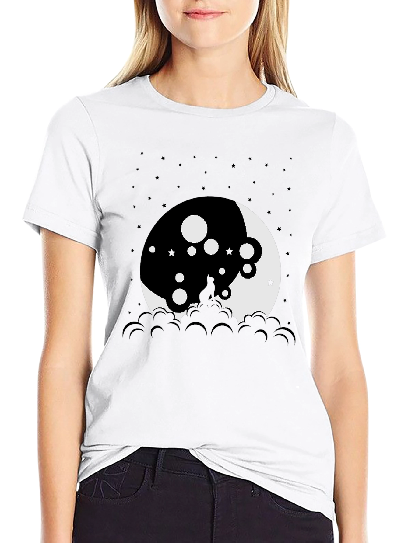 Black Moon Cat Graphic Tee - Black Cotton T-Shirt view 9