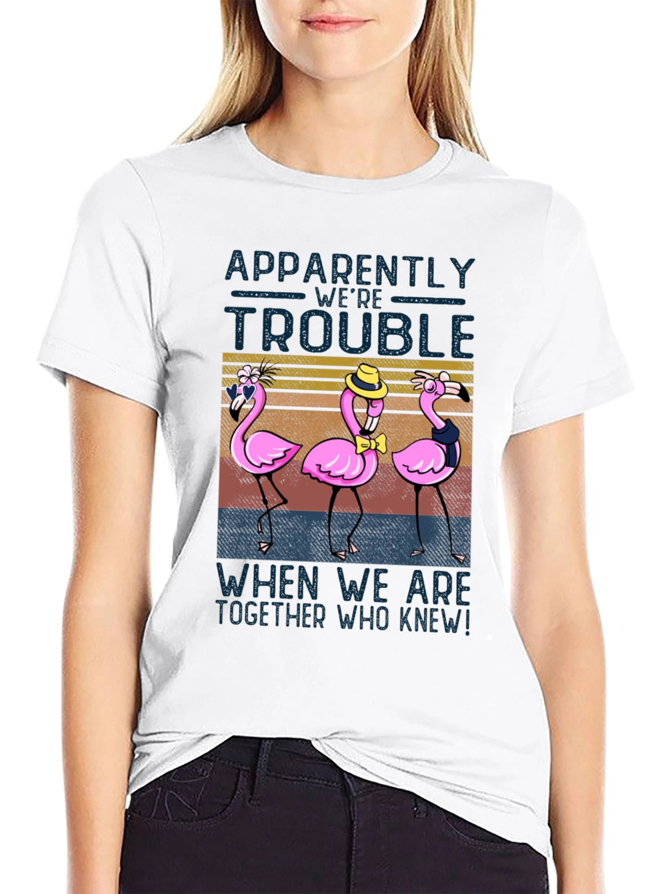 Black Funny Flamingo Trouble T-Shirt - Novelty Design view 9