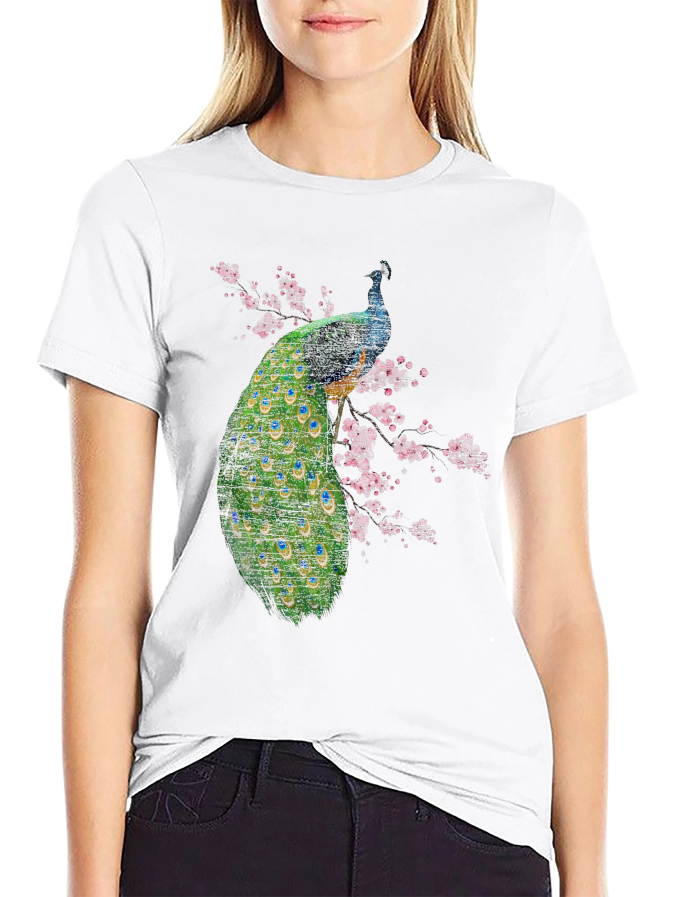 Black Peacock Blossom Graphic Black T-Shirt view 9