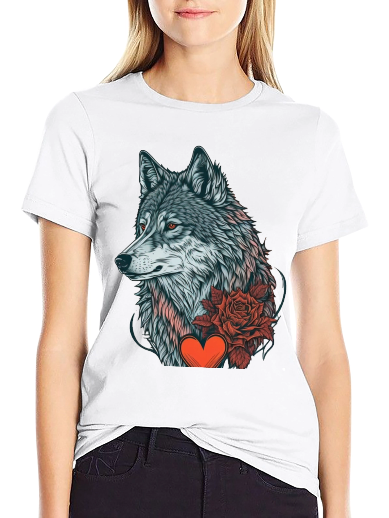 Black Wolf Rose Heart Graphic Black T-Shirt view 9