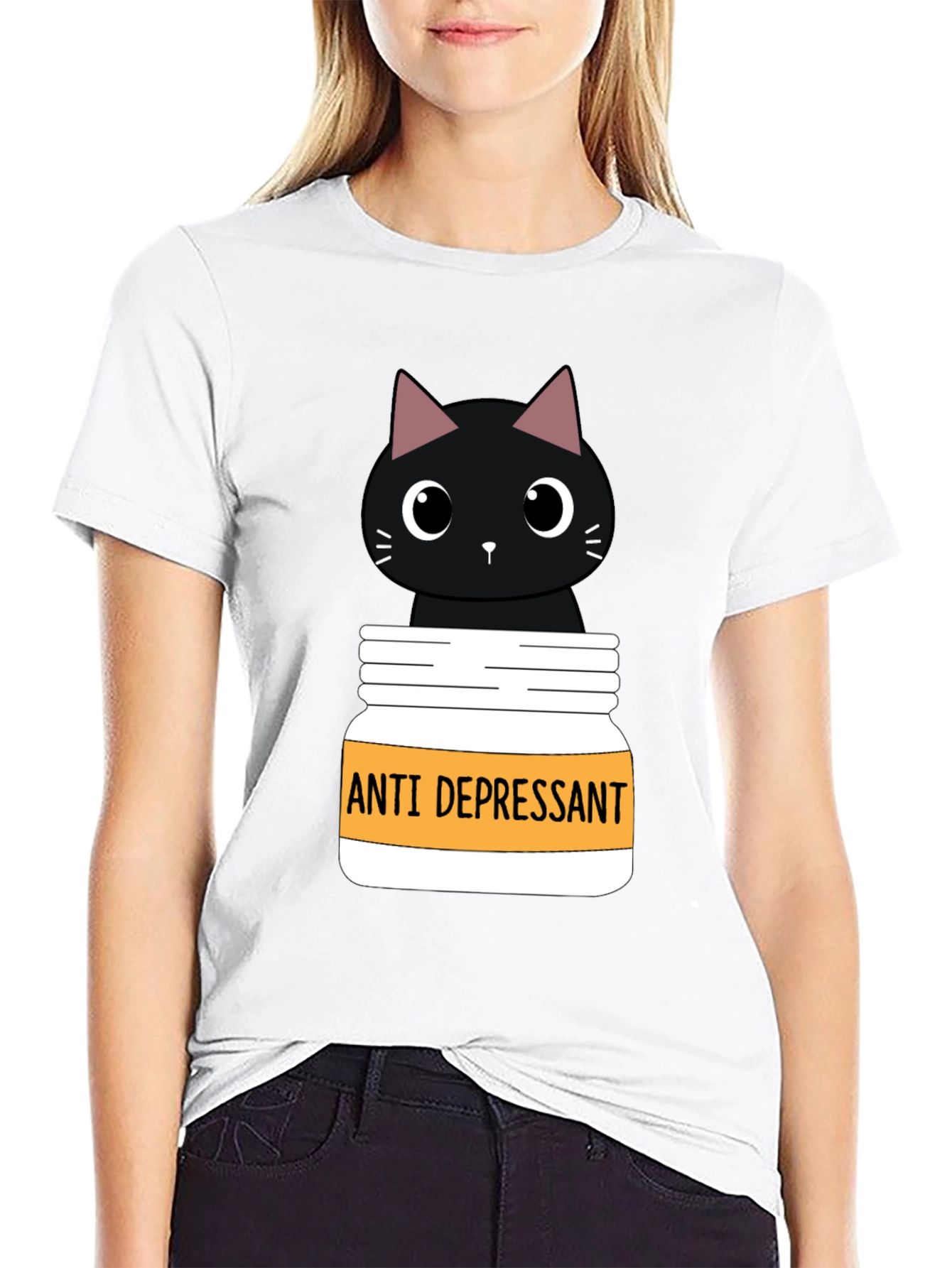 Black Anti Depressant Cat T-Shirt, Funny Graphic Tee view 9