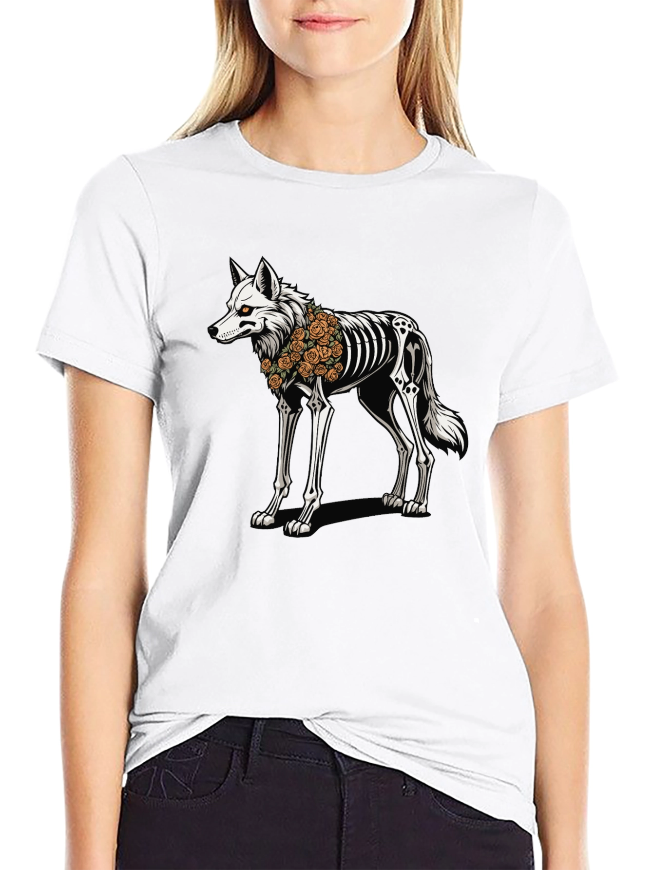 Black Skeleton Wolf Graphic Tee - Day of the Dead Style view 9