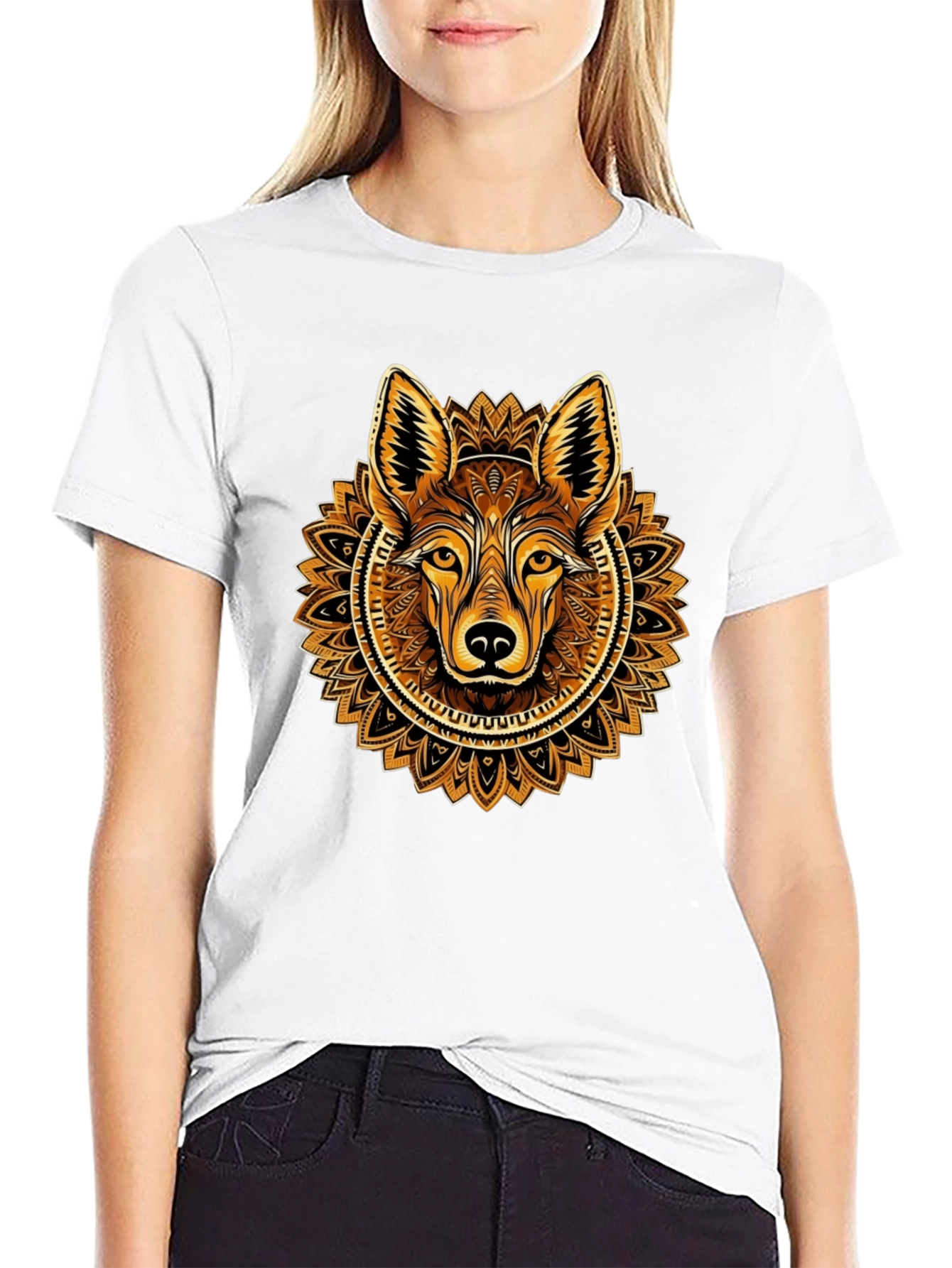 Black Wolf Mandala Graphic Tee - Trendy Crew Neck Shirt view 9