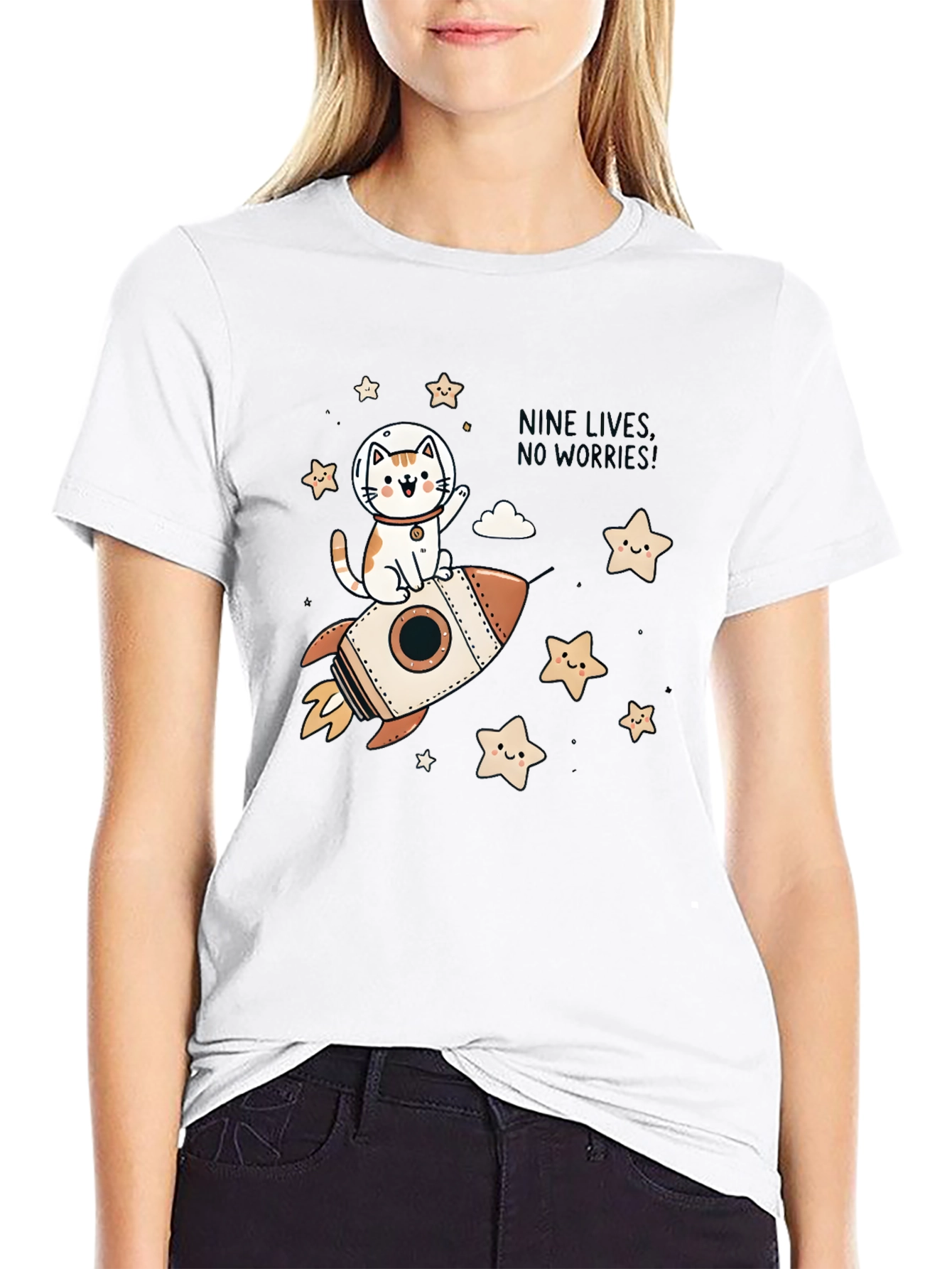 Black Cosmic Cat T-Shirt: Nine Lives, No Worries! view 9