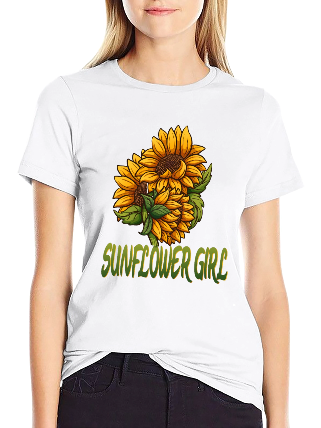 Sunflower Girl Graphic Tee - Black Cotton Casual T-Shirt - 9
