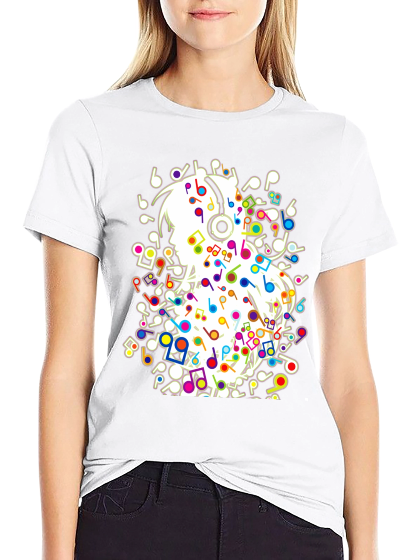Black Musical Girl T-Shirt - Black Cotton Tee with Colorful Notes view 9