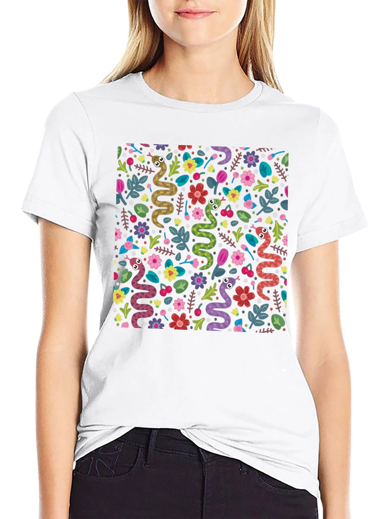 Black Snakes & Flowers Black Tee - Fun Animal Print view 9