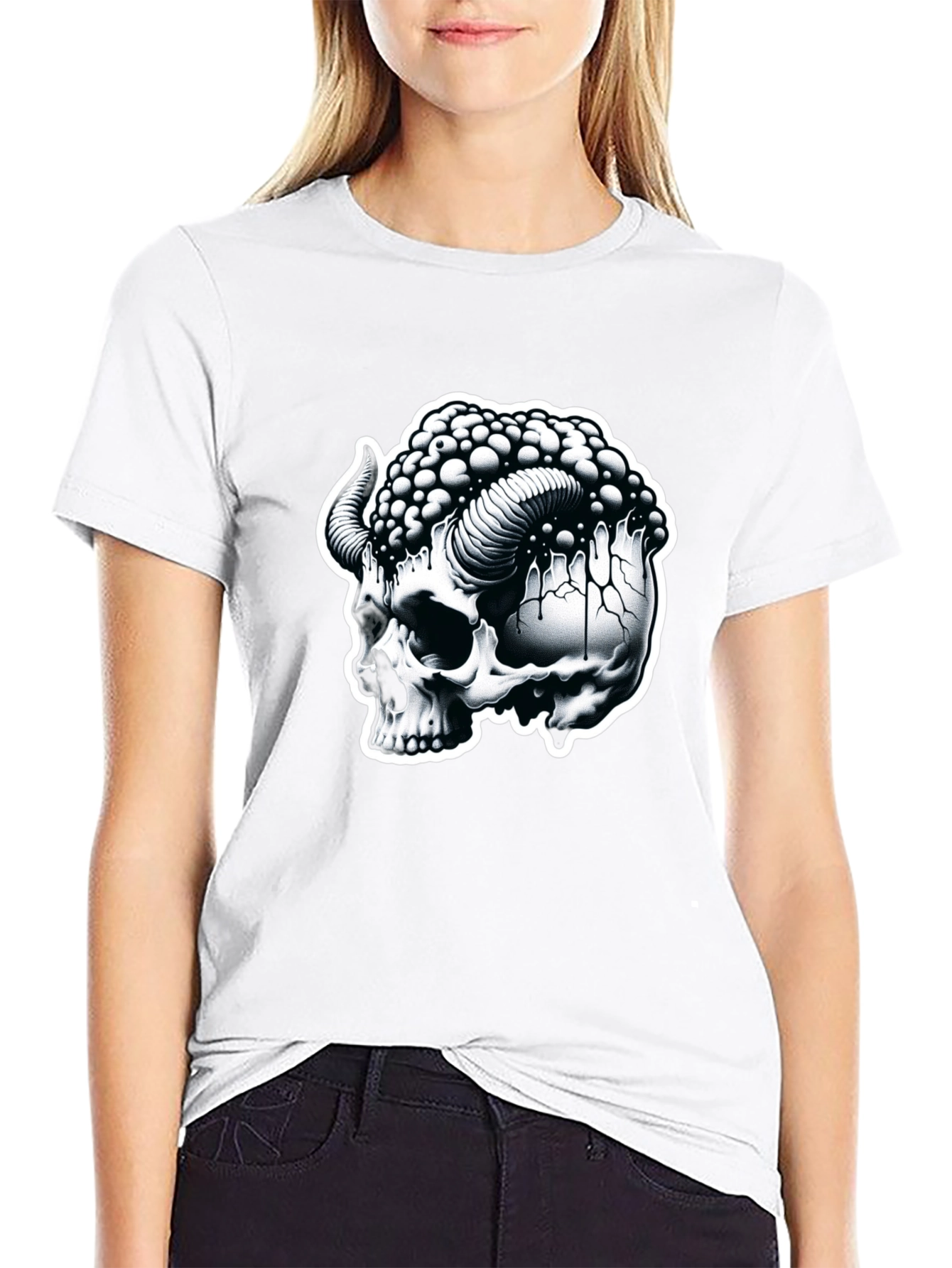 Black Skull & Horns Graphic Tee - Mens Black Cotton T-Shirt view 9