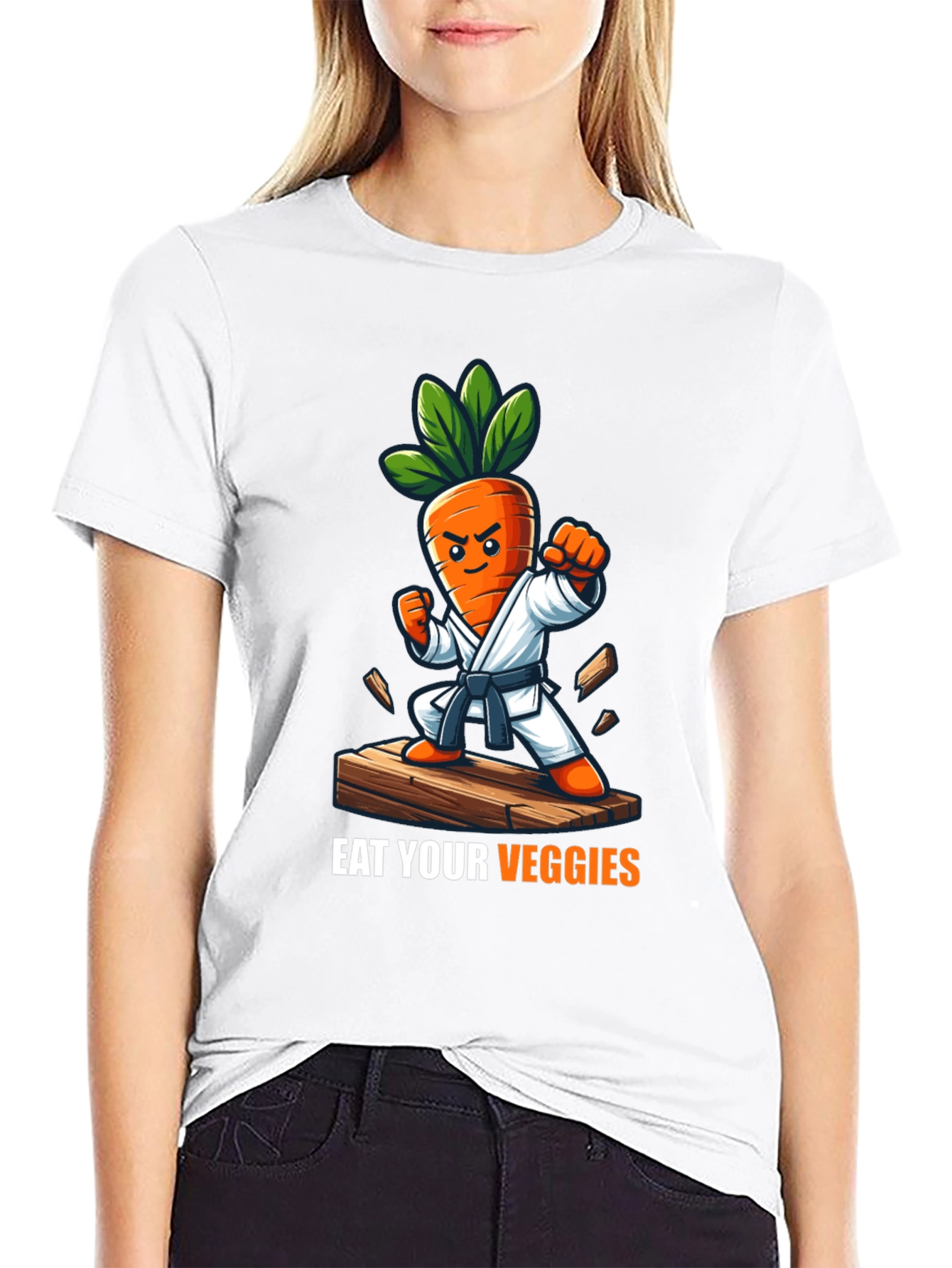 Black Eat Your Veggies Karate Carrot T-Shirt view 9