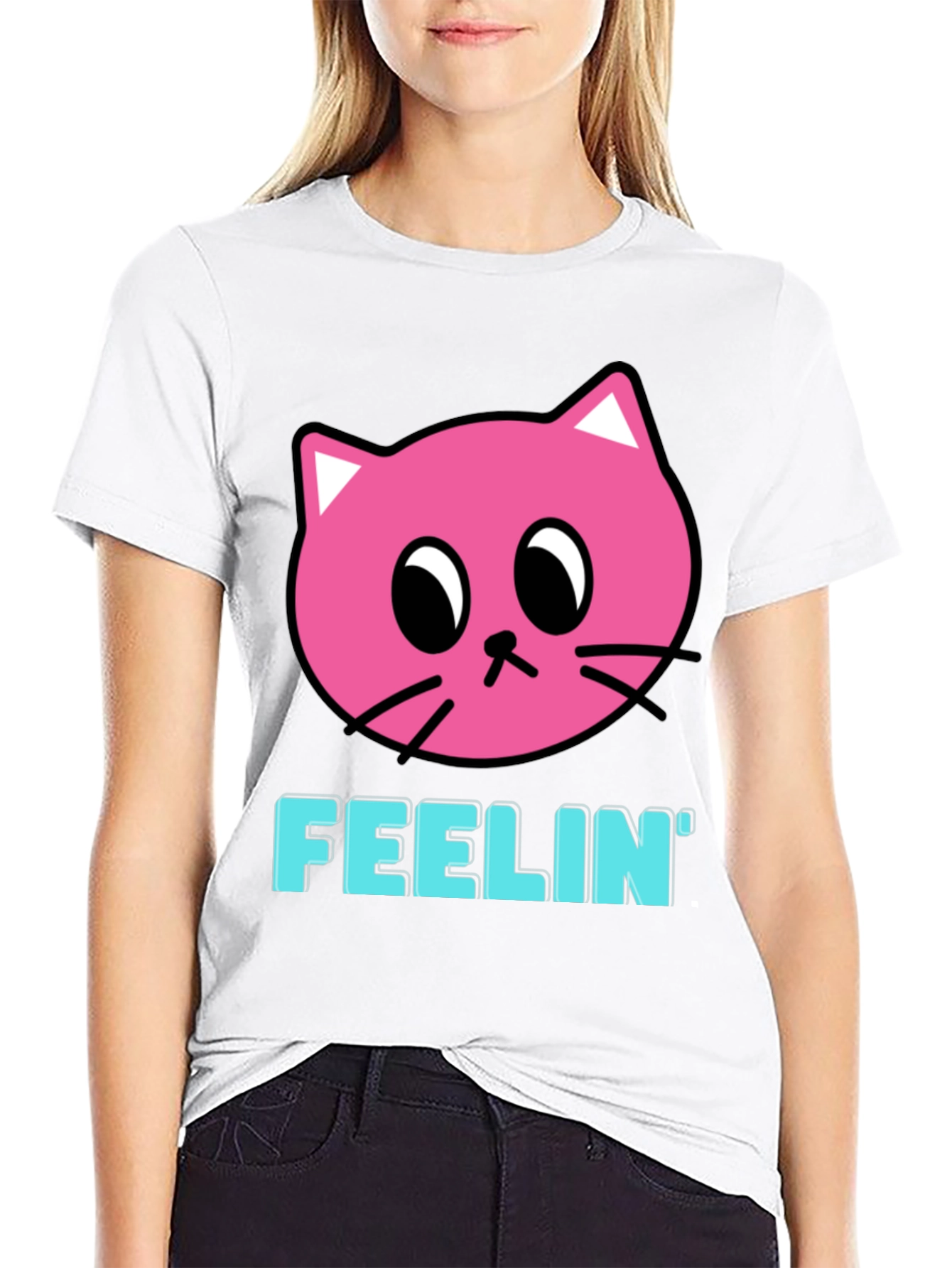 Black Feelin' Pink Cat Graphic Black T-Shirt view 9