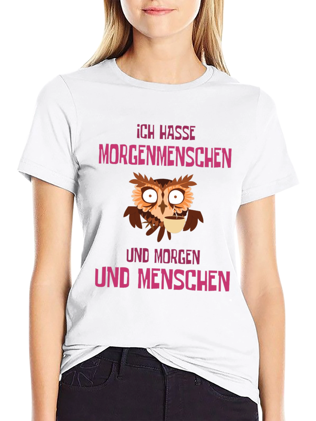 Black Ich Hasse Morgenmenschen Owl Graphic Tee view 9