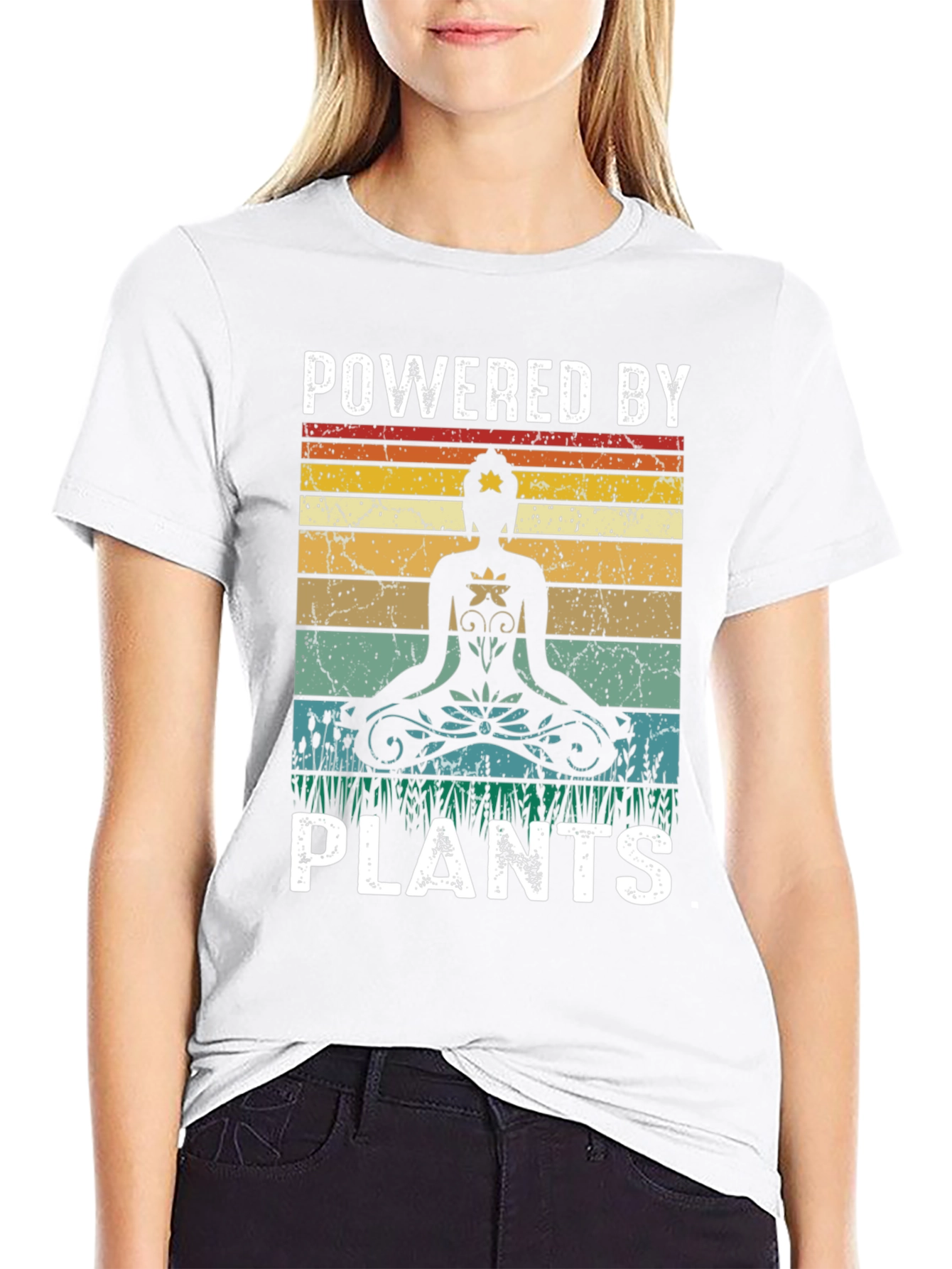 Black Powered by Plants Yoga Meditation Black T-Shirt view 9