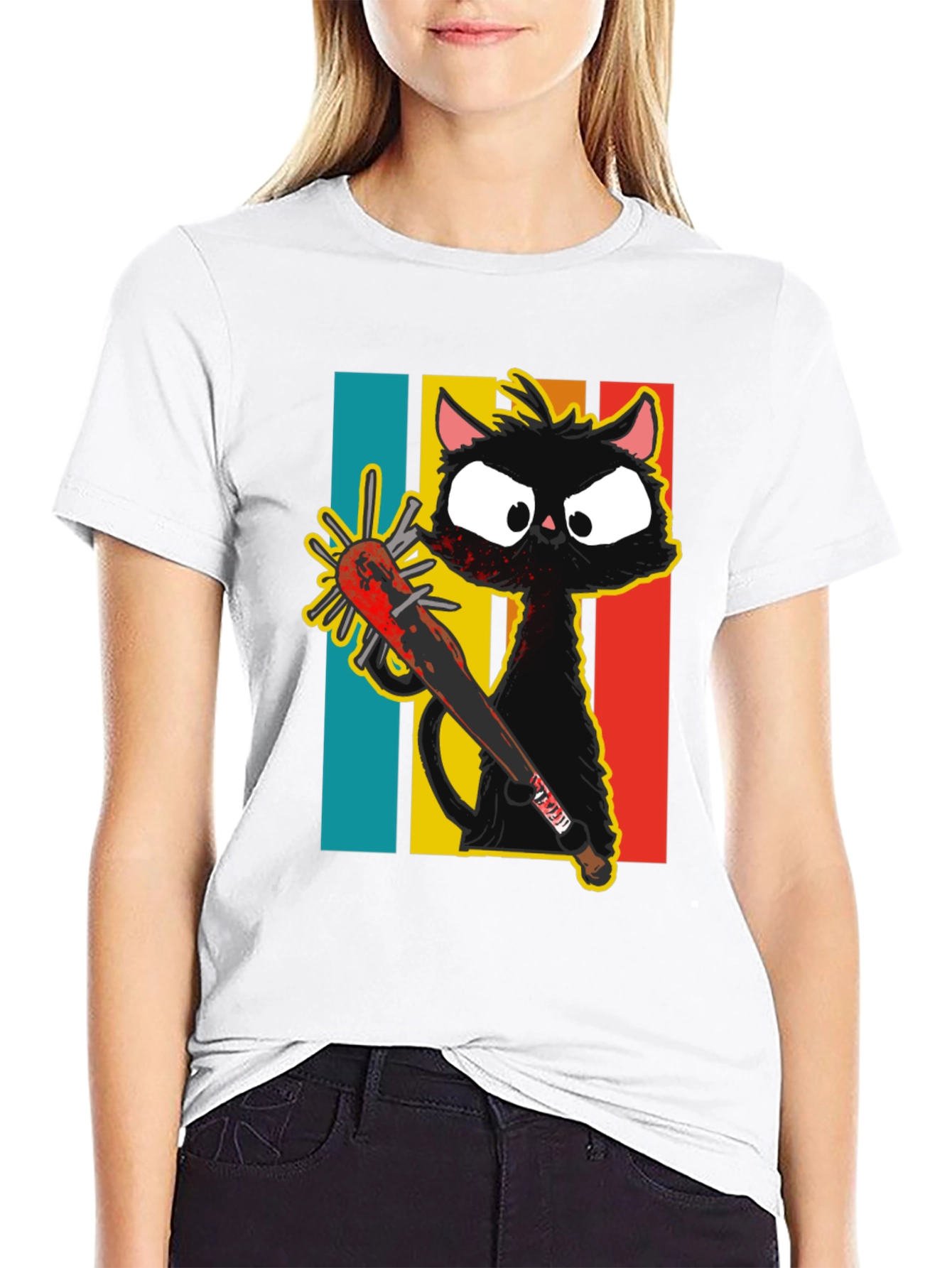 Black Crazy Cat Baseball Bat Graphic T-Shirt view 9