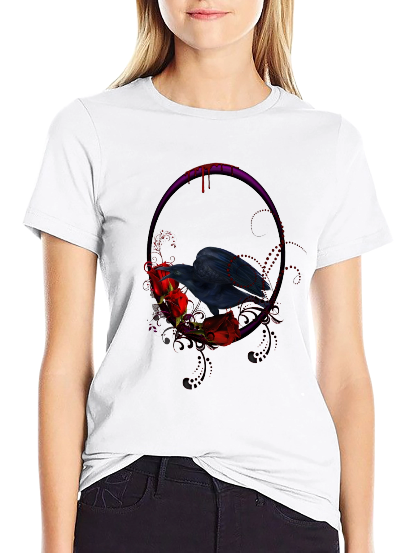 Black Gothic Raven & Roses Graphic Tee - Black view 9