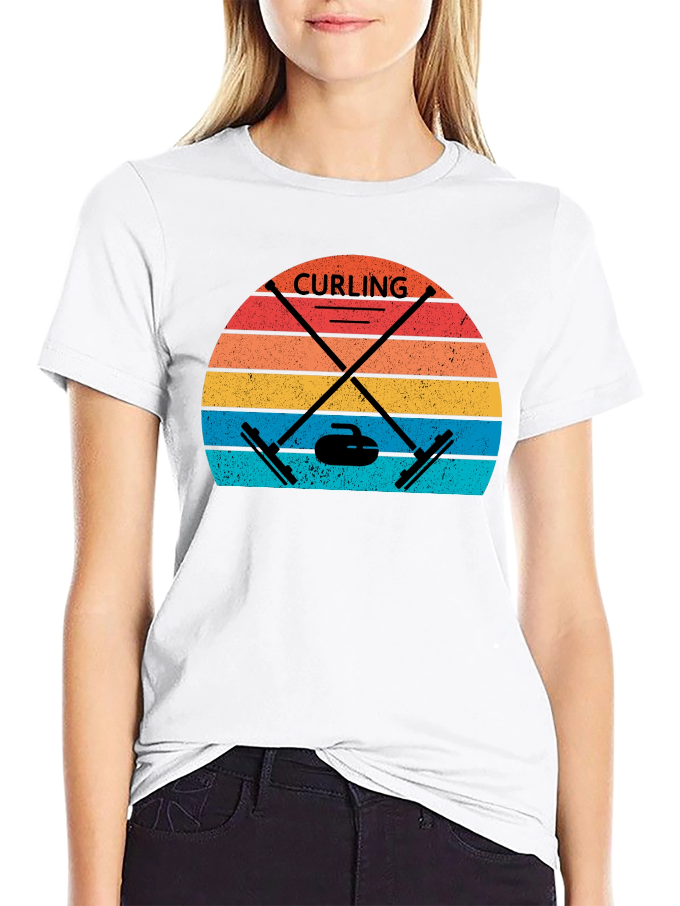 Black Retro Curling T-Shirt - Vintage Sunset Design view 9