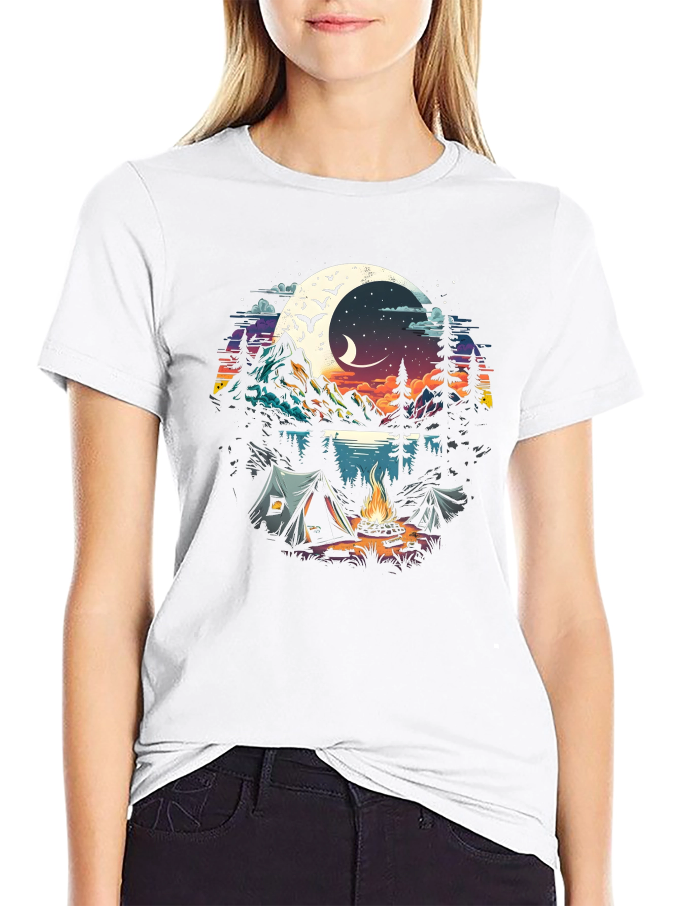 Black Camping Under the Moon Graphic Tee view 9