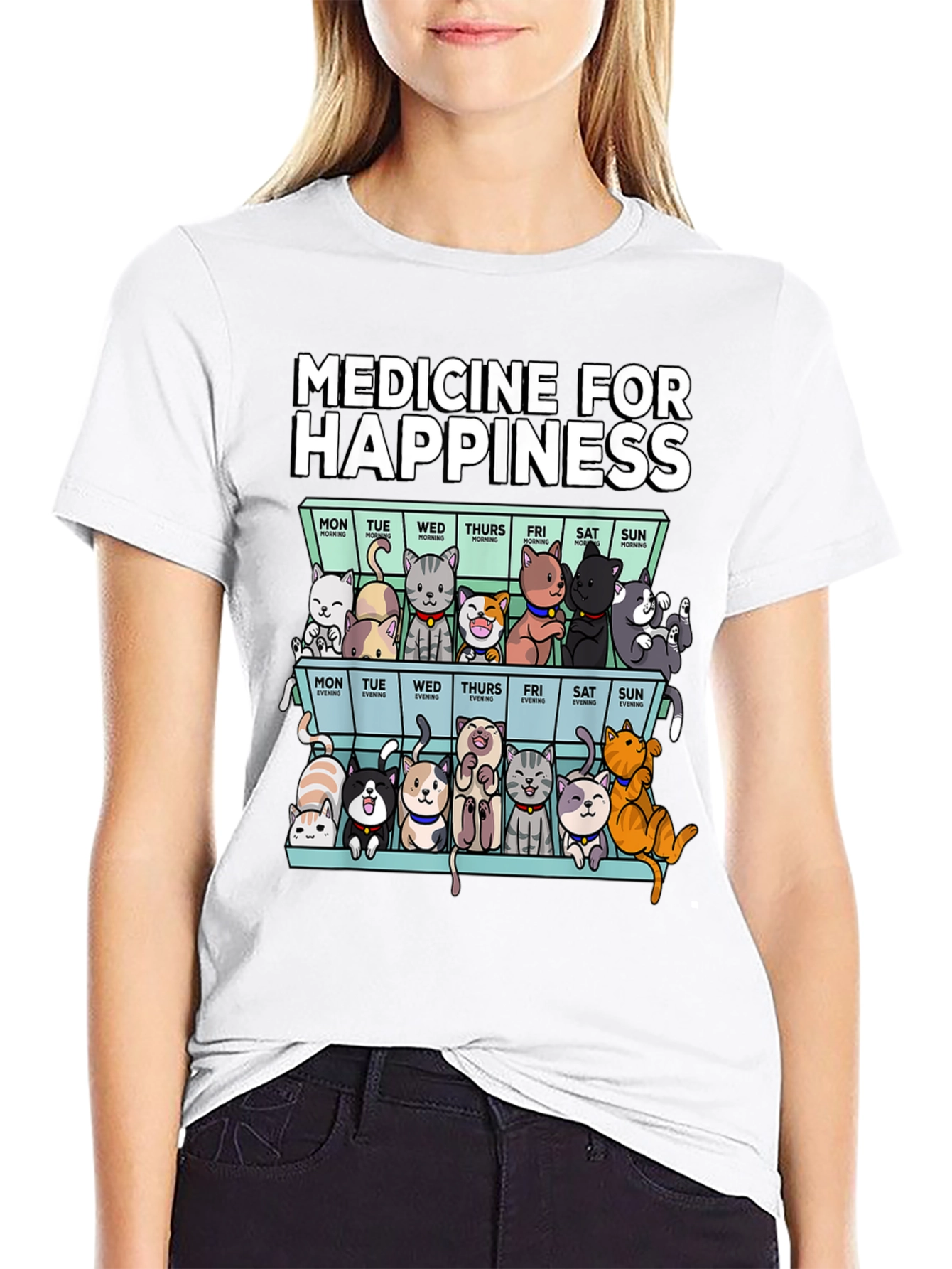 Black Medicine for Happiness Cat Pill Box Black T-Shirt view 9