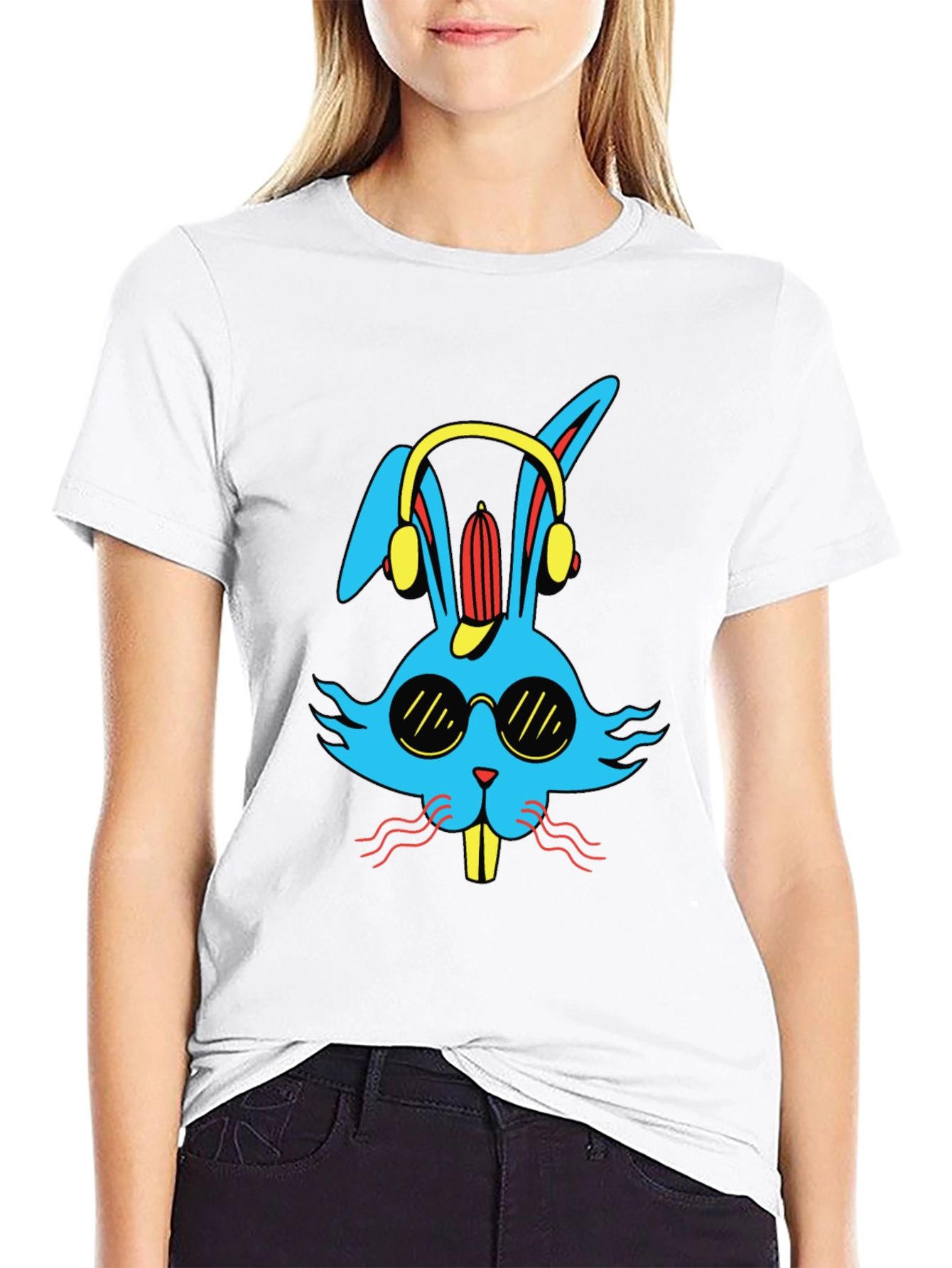 Black Cool Bunny Graphic Tee - Black Cotton Blend view 9