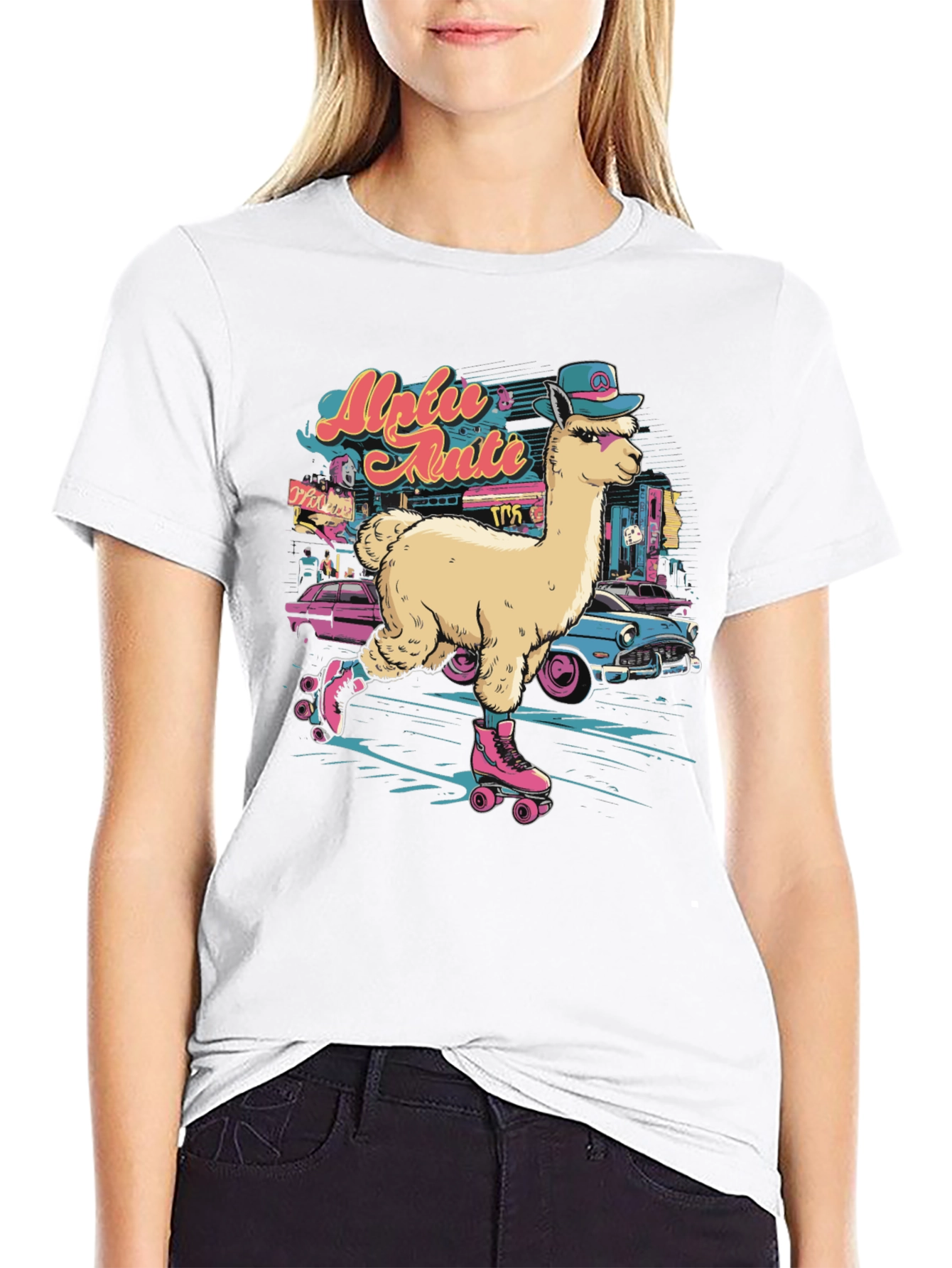 Black Retro Roller Skating Alpaca T-Shirt view 9