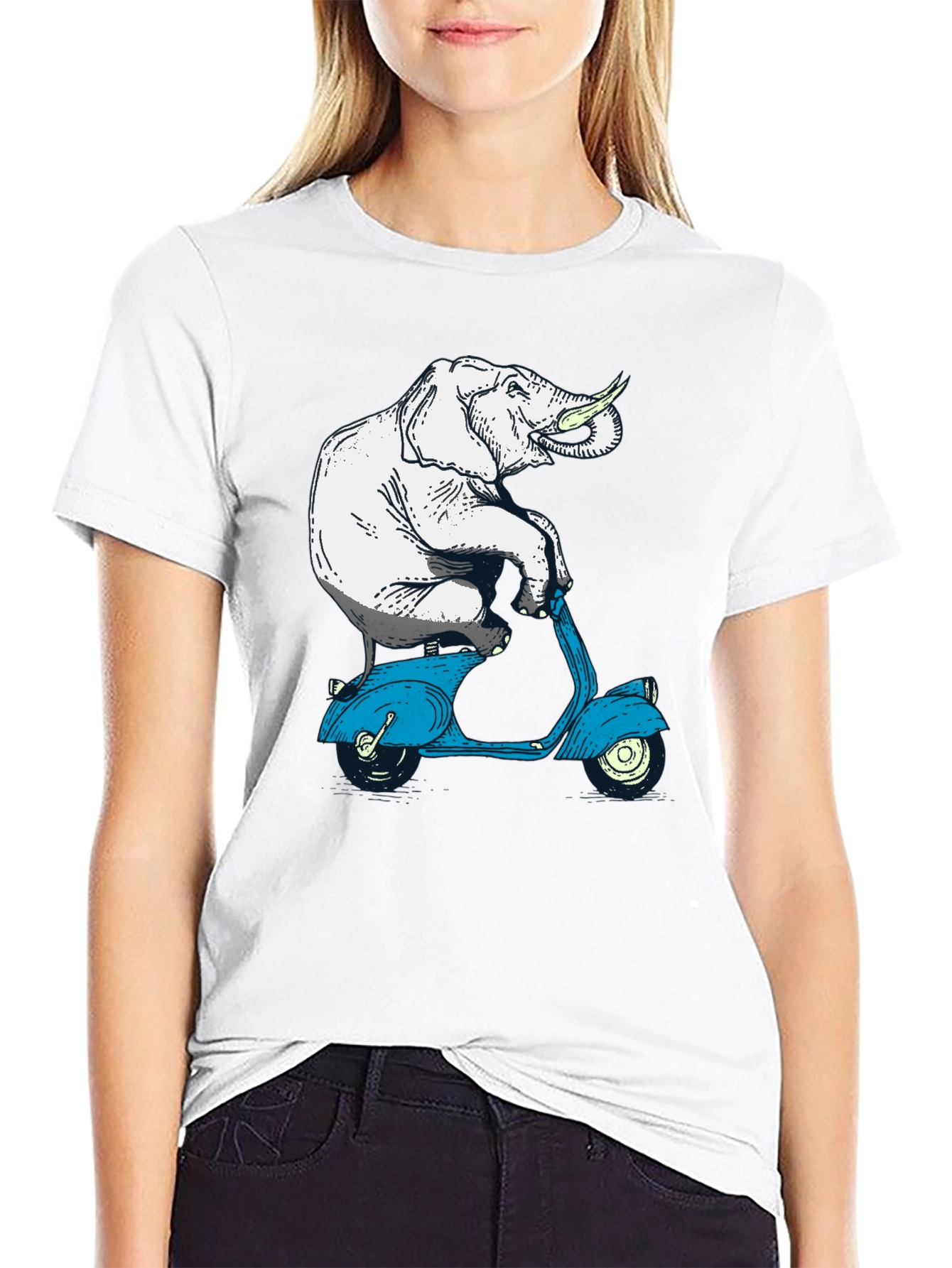 Black Elephant on Scooter Graphic Tee - Novelty Print T-Shirt view 9