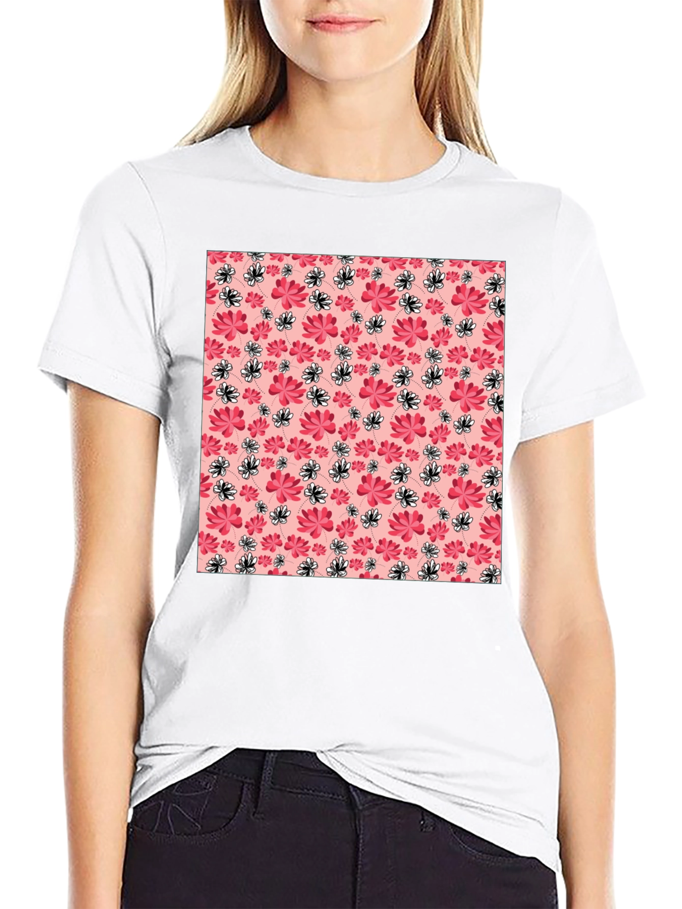 Black Floral Pattern Crew Neck T-Shirt view 9