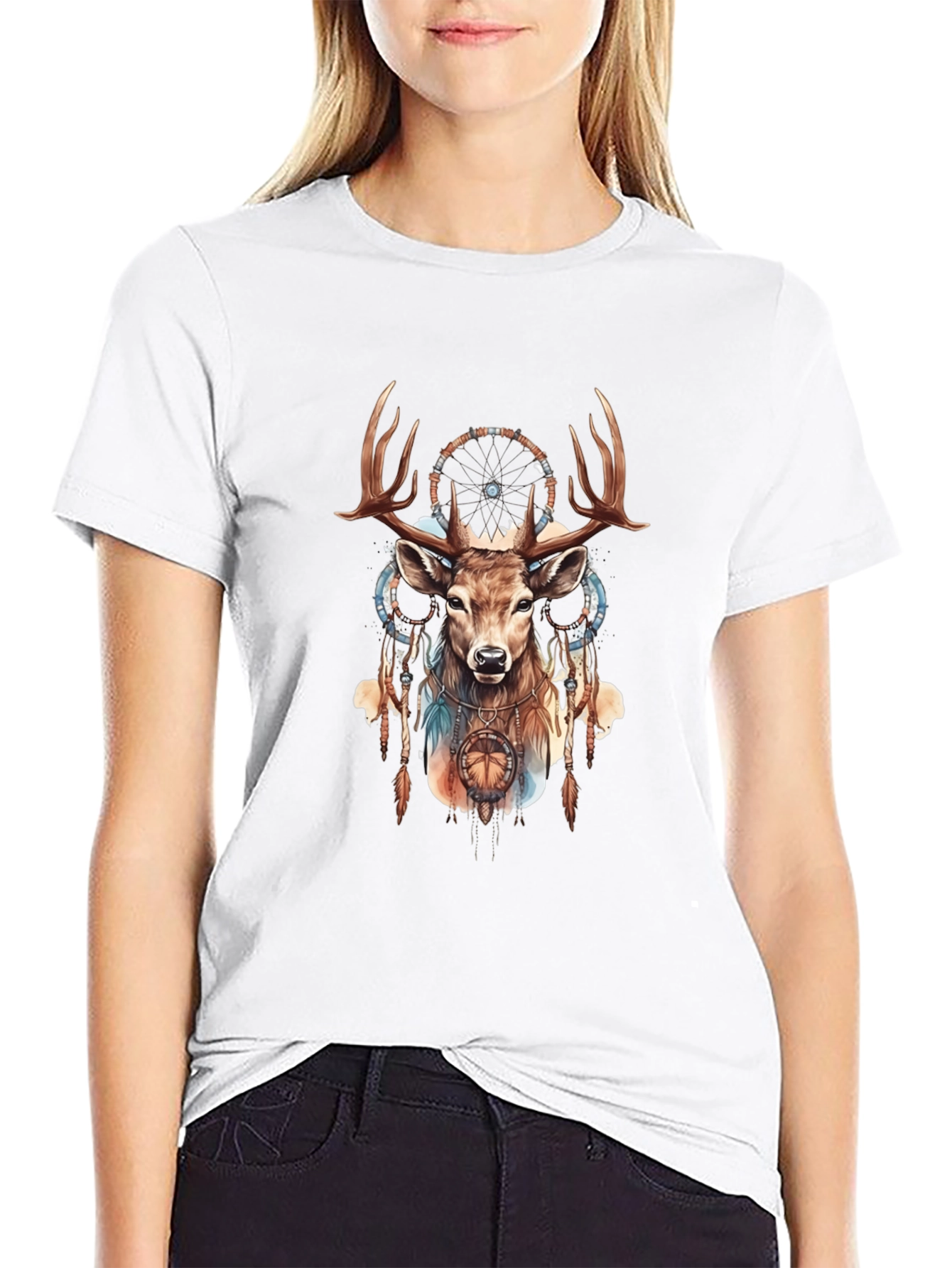 Black Deer Dreamcatcher Graphic Tee - Black Cotton Blend view 9