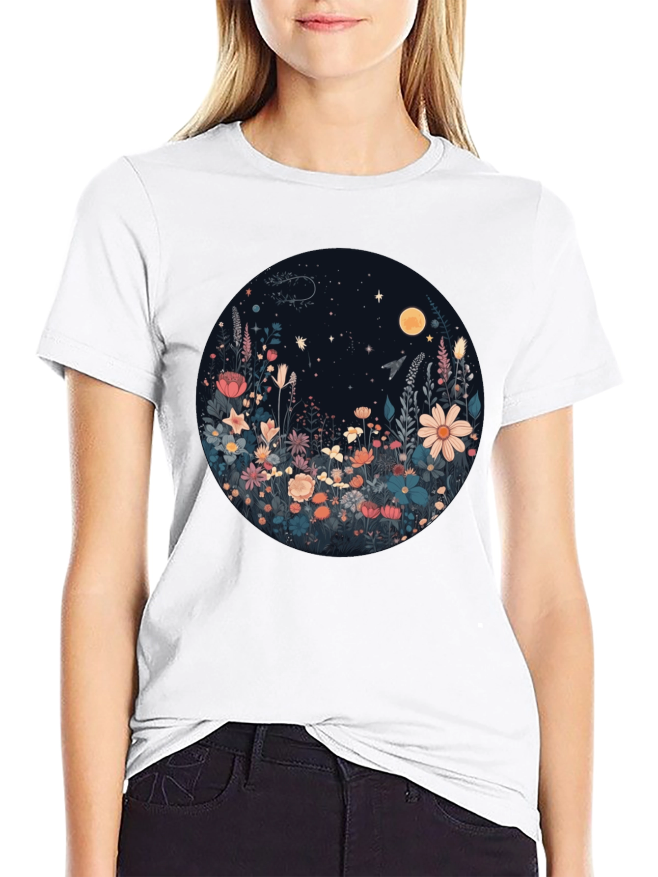 Black Floral Moon T-Shirt - Black Graphic Tee view 9