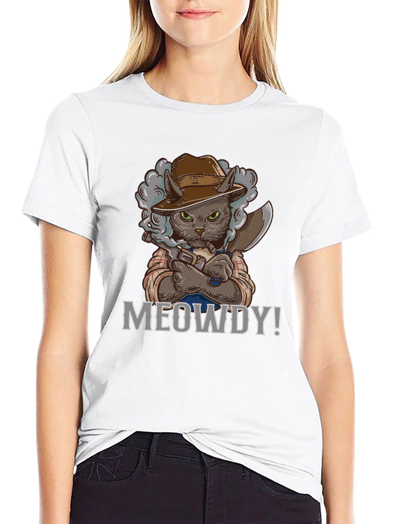 Black Meowdy Cat Cowboy Graphic T-Shirt view 9