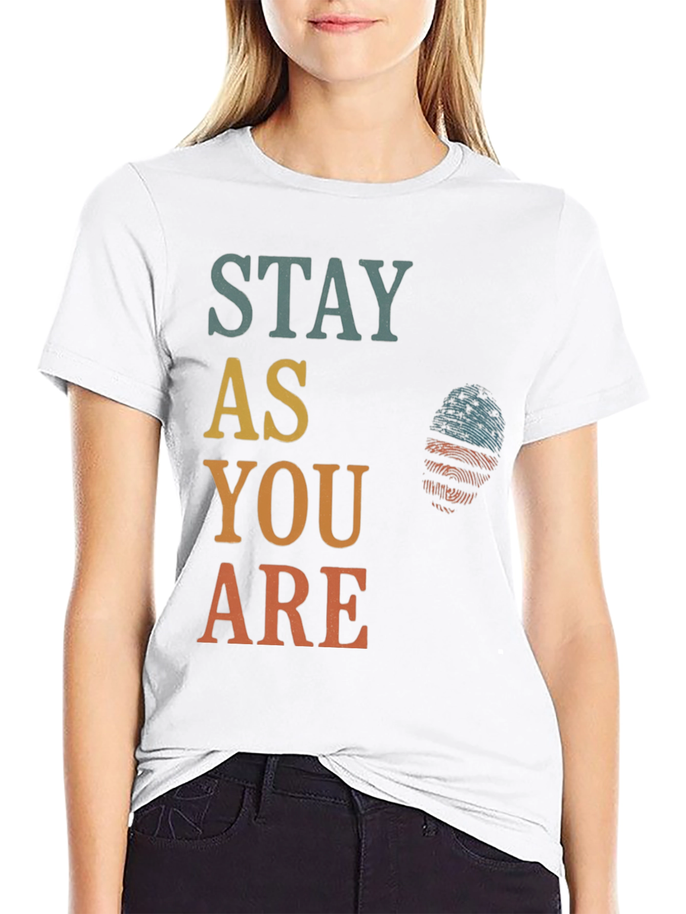 Black Stay As You Are Graphic Tee - Patriotic Fingerprint Design view 9