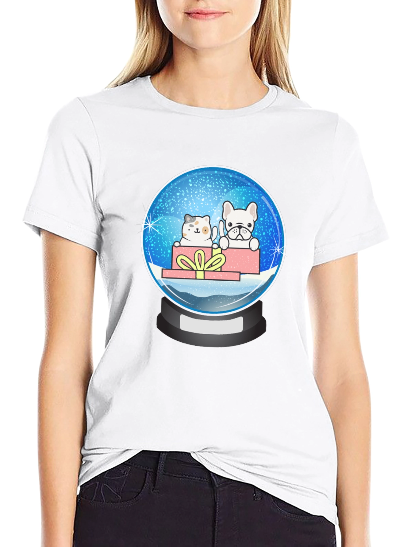 Black Snow Globe Cat & Dog Graphic Tee - Cute Christmas Gift view 9