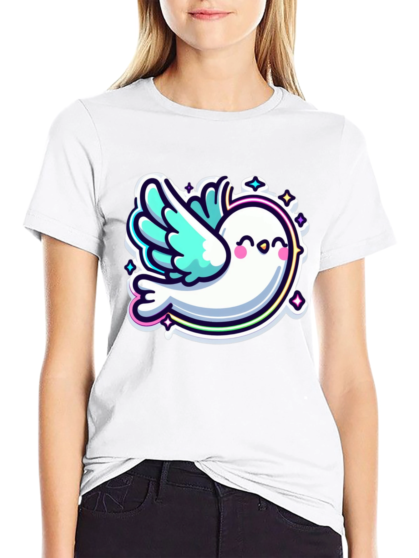 Black Cute Cartoon Dove Graphic Black T-Shirt view 9