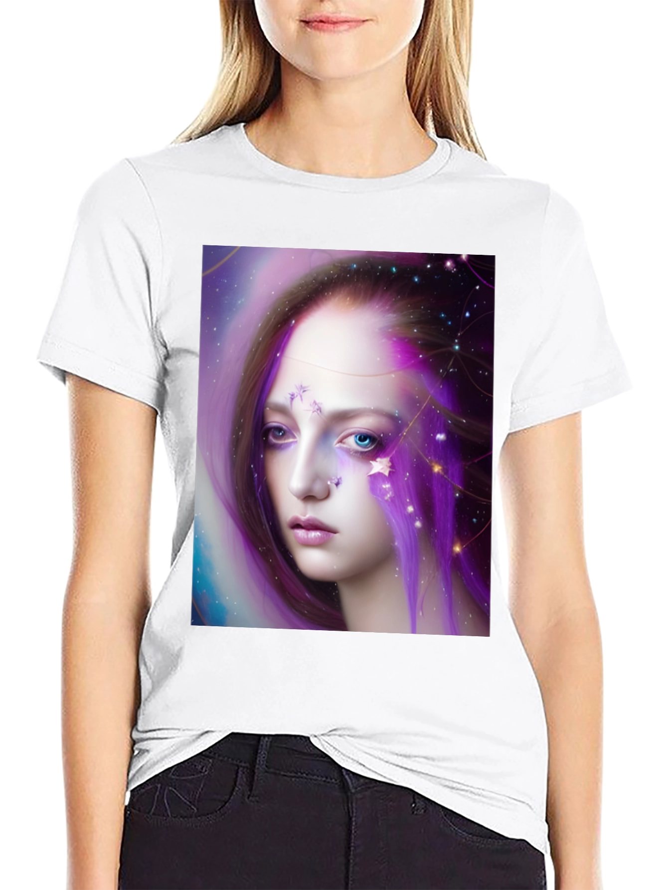 Black Celestial Woman Graphic Tee - Unique Art Shirt view 9