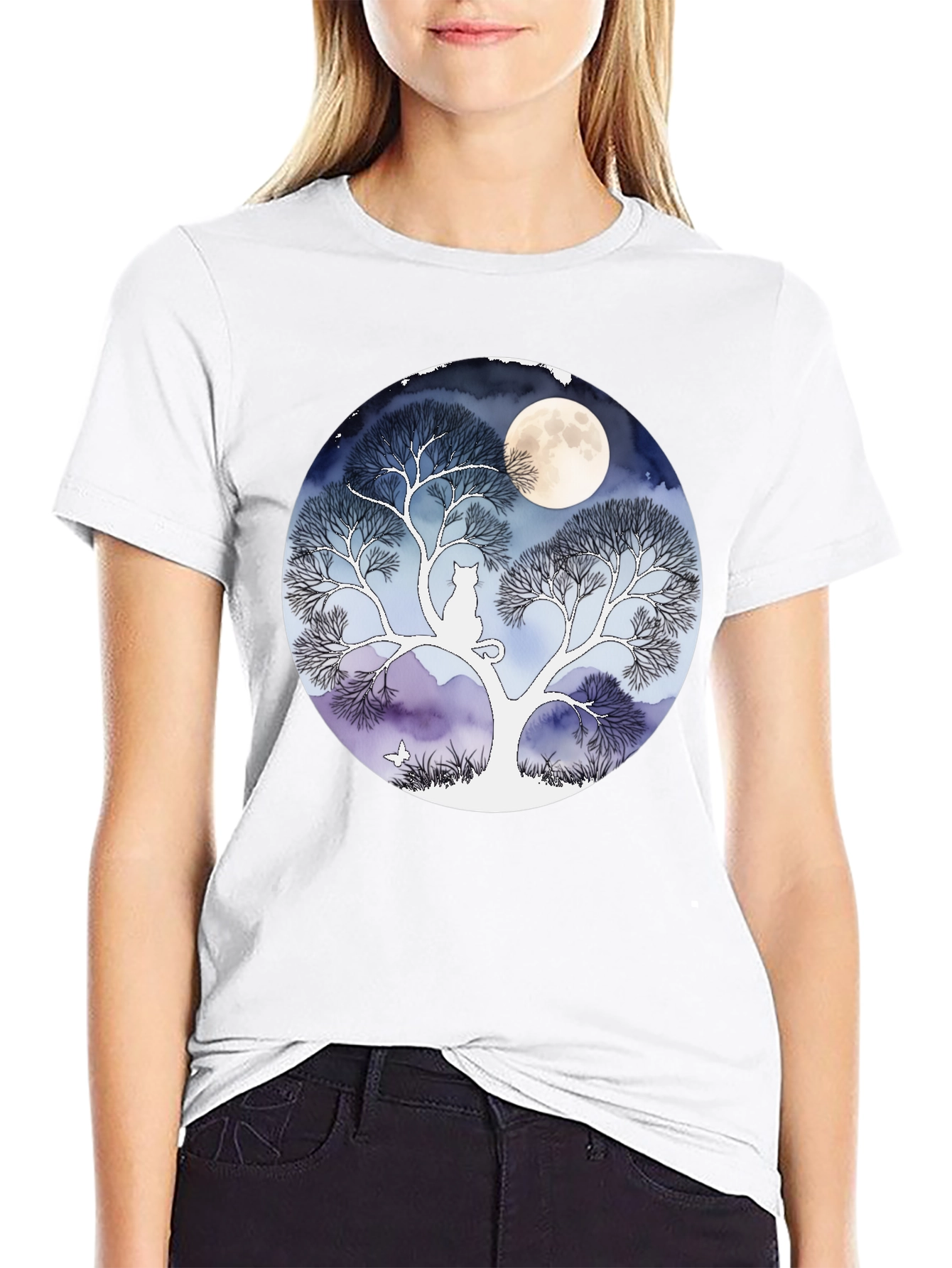 Black Moonlit Cat Tree Graphic Tee - Black view 9
