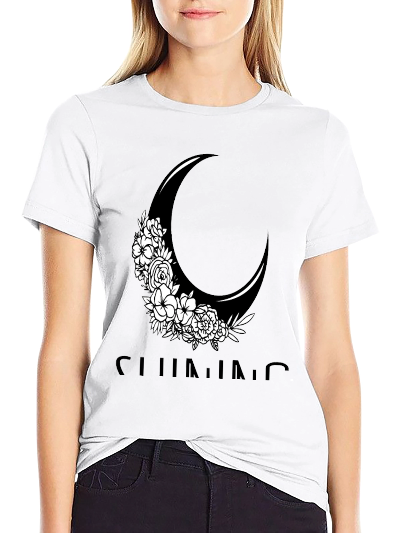 Black Floral Crescent Moon Graphic Tee - Black Cotton Casual Shirt view 9