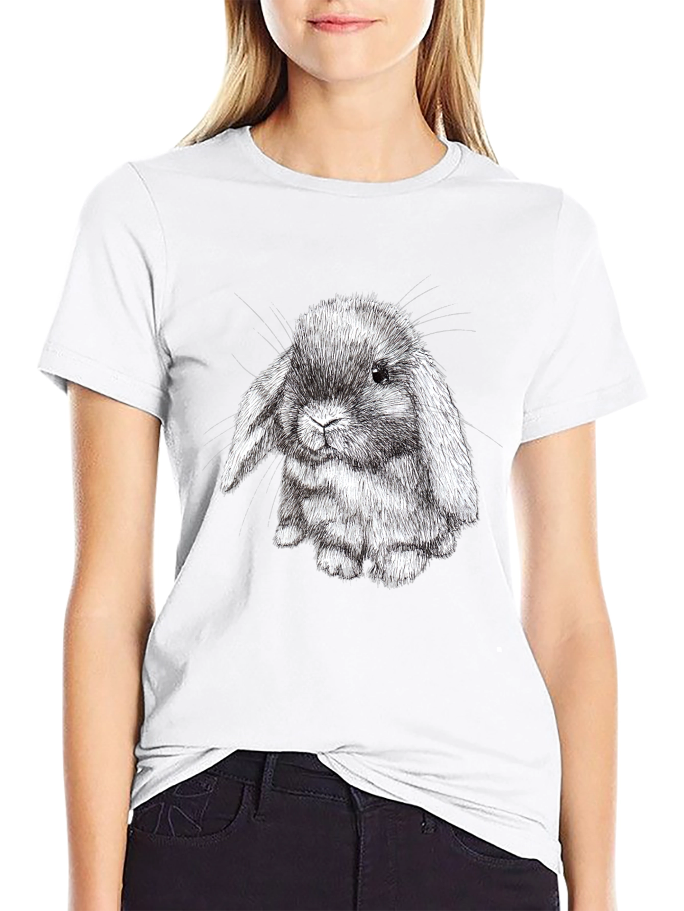 Black Cute Bunny Graphic Black T-Shirt view 9