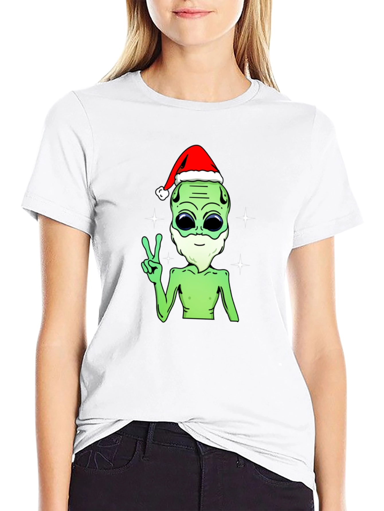 Black Festive Alien T-Shirt - Peace, Love, and Holiday Cheer! view 9