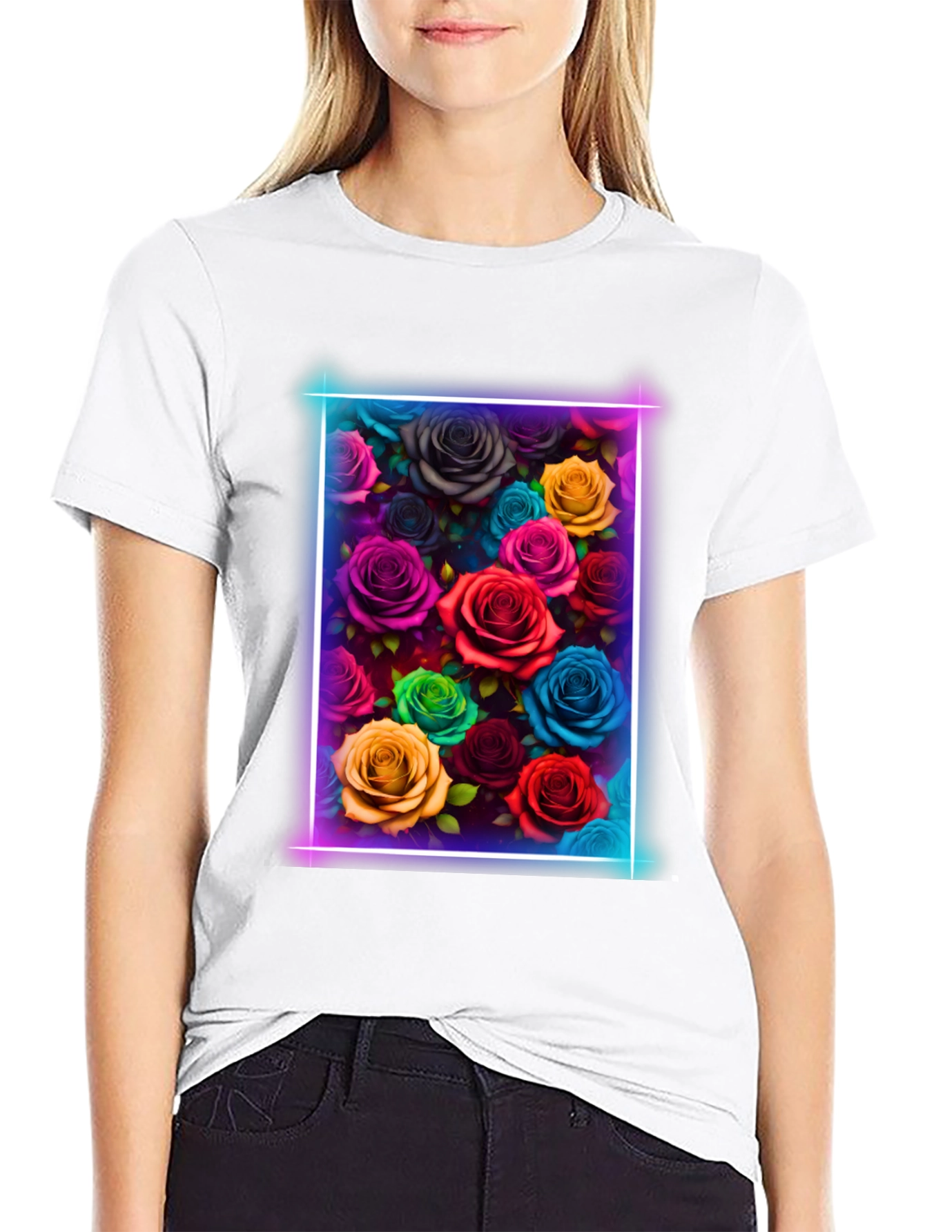 Black Neon Roses Graphic Tee - Vibrant Floral Design view 9