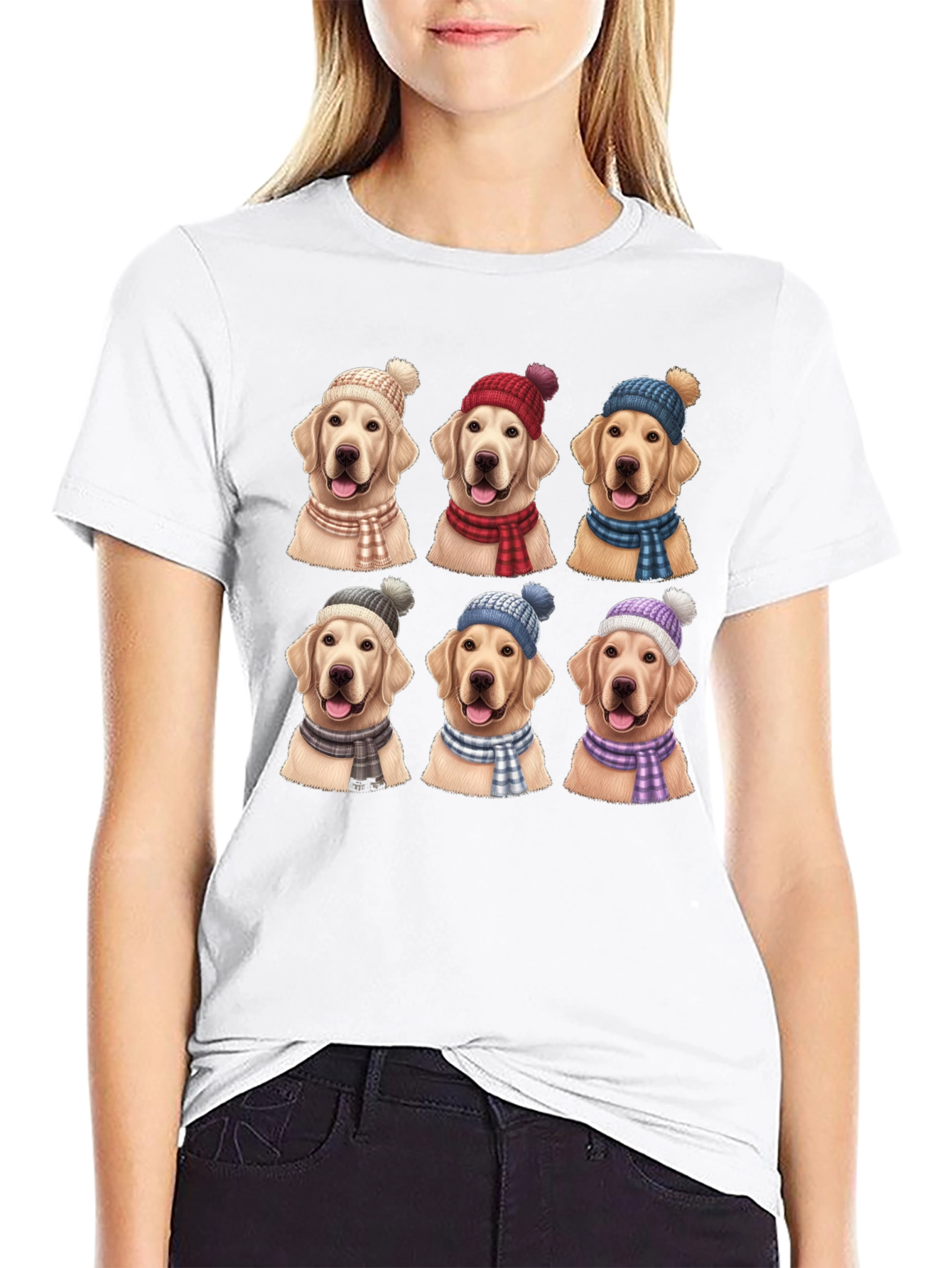 Black Dog Lover T-Shirt: Golden Retrievers in Winter Hats view 9