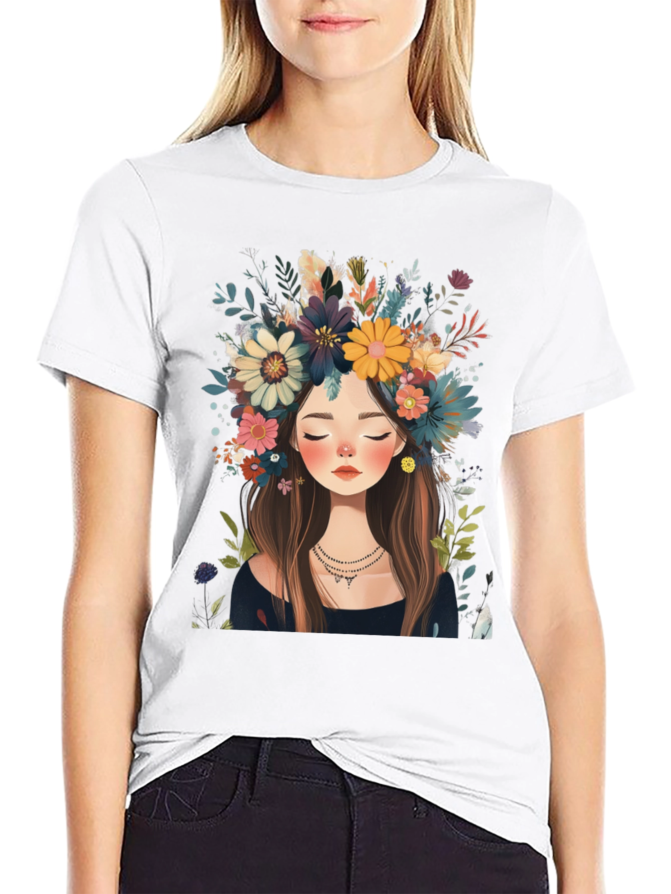 Black Floral Crown Girl Black T-Shirt view 9