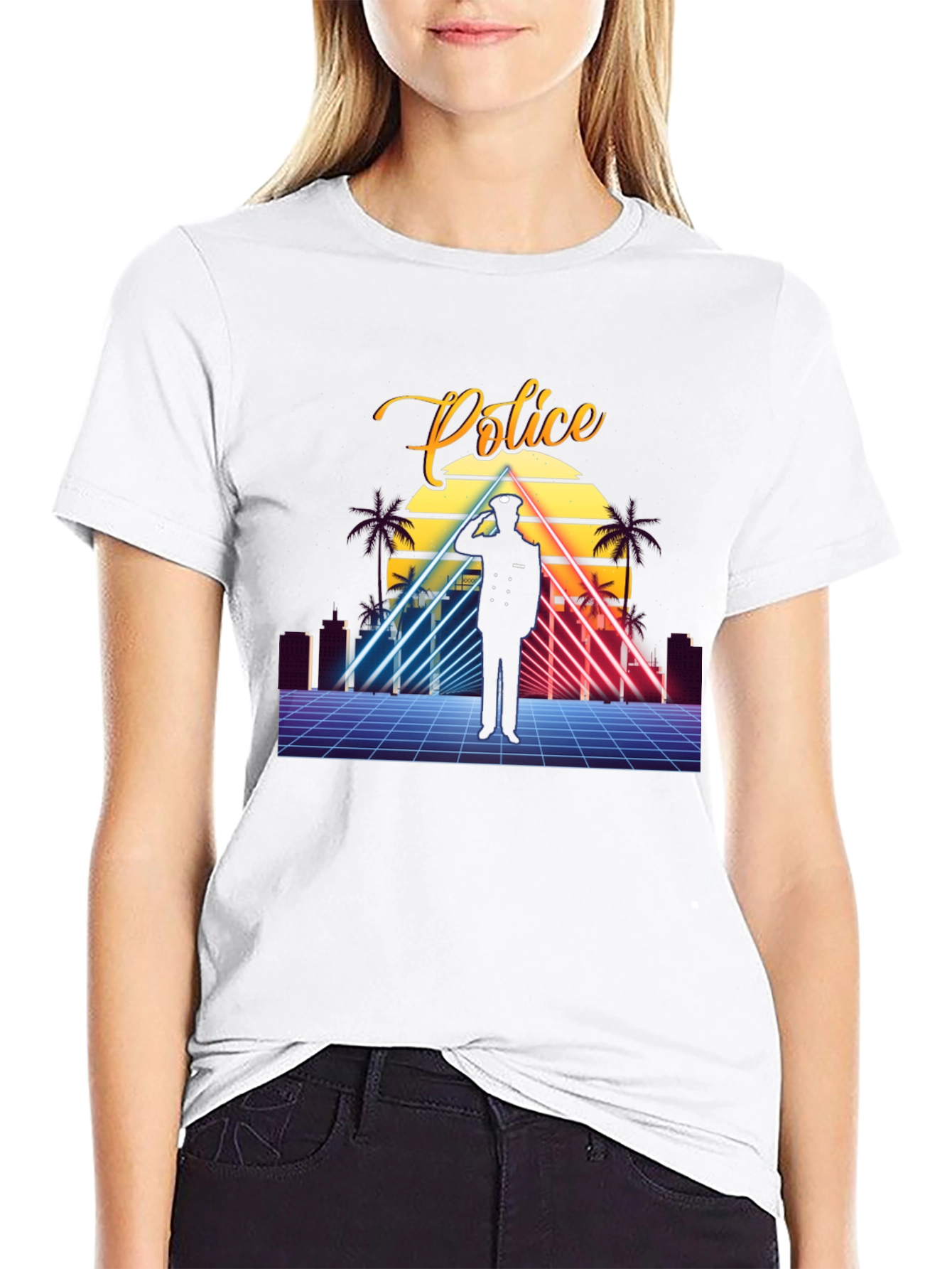 Black Retro Police Graphic T-Shirt - Synthwave Design view 9