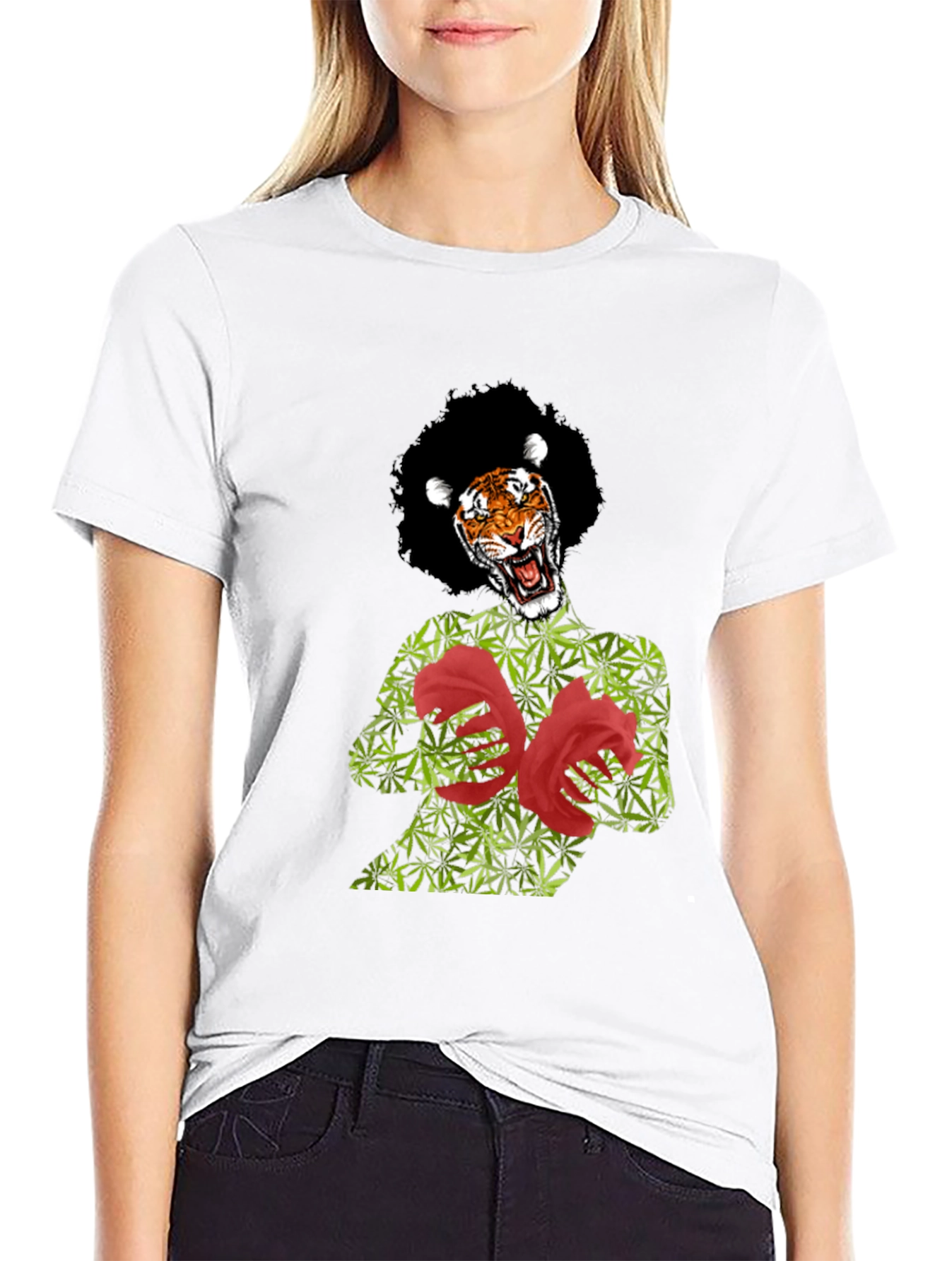 Black Tiger Pot Leaf & Rose Graphic T-Shirt view 9